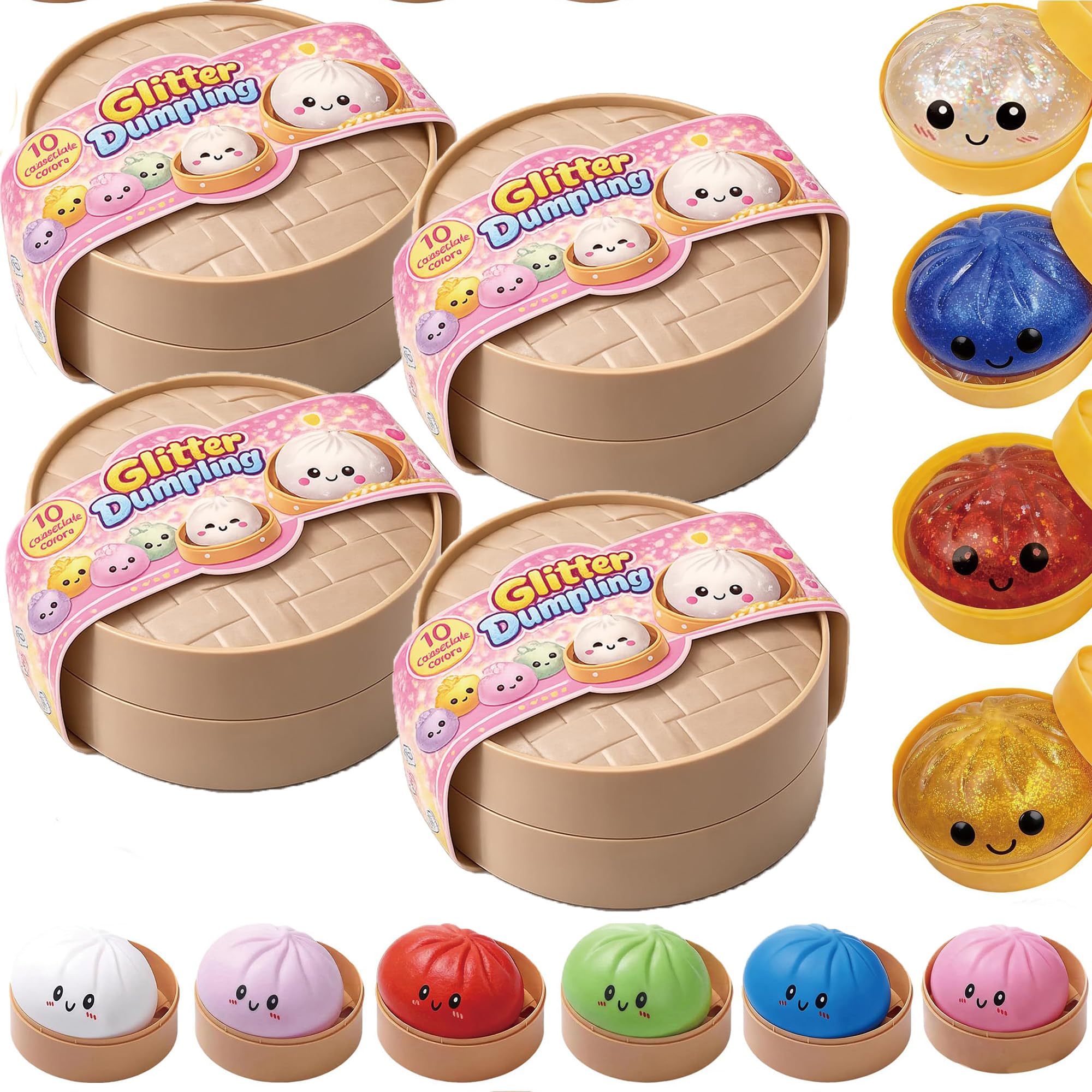 2/3/4 Dumpling Squishy Mystery, Glitter Dumpling Squishy Steamer Mystery Box Surprise Squeeze Fun, Sensory Stress Relief Desk Toy for Adults & Kids (3)