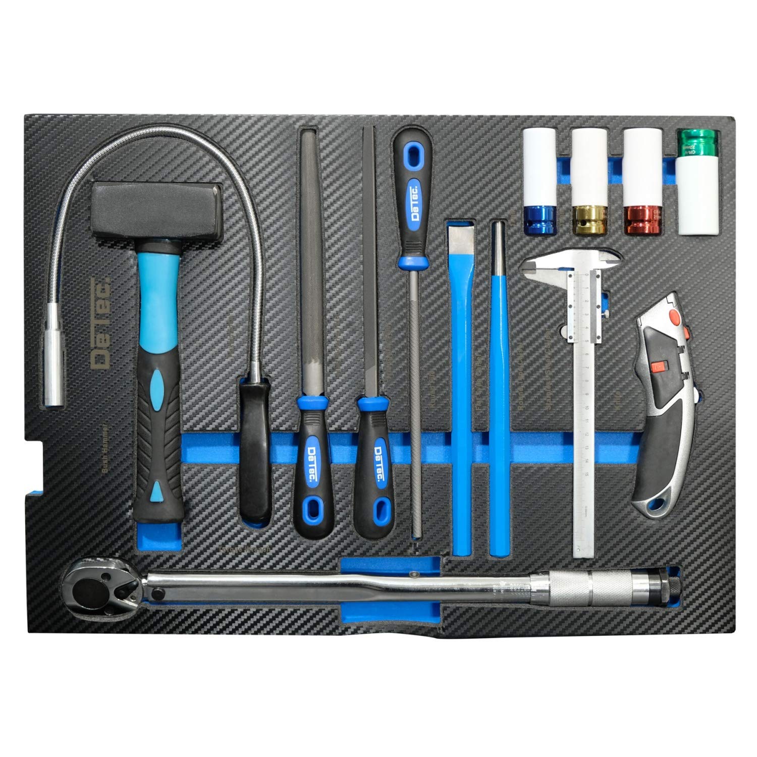 DeTec. 3066 Servante d'atelier 6/6 tiroirs avec boîte à Outils Pliable (Caisse à Outils portative avec Plateaux à Outils Aspect Carbone)
