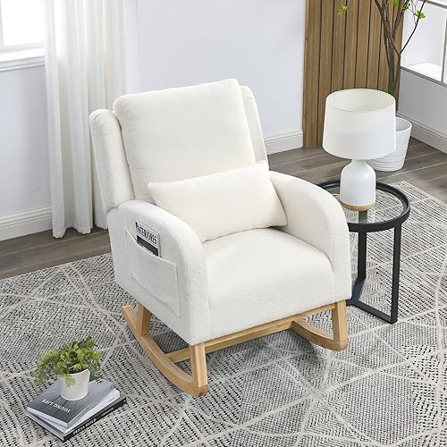Miniatura 3 de Mecedora moderna, cómoda silla decorativa con 1 almohada lumbar y 2 bolsillos laterales, silla deslizadora tapizada para dormitorio, oficina, sala