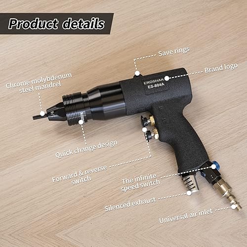 Miniatura 2 de EROSHAK Kit de herramientas de tuerca de remache de aire, pistola de remache neumática,Pistola neumática de tuerca de remache con mandriles M10,M12