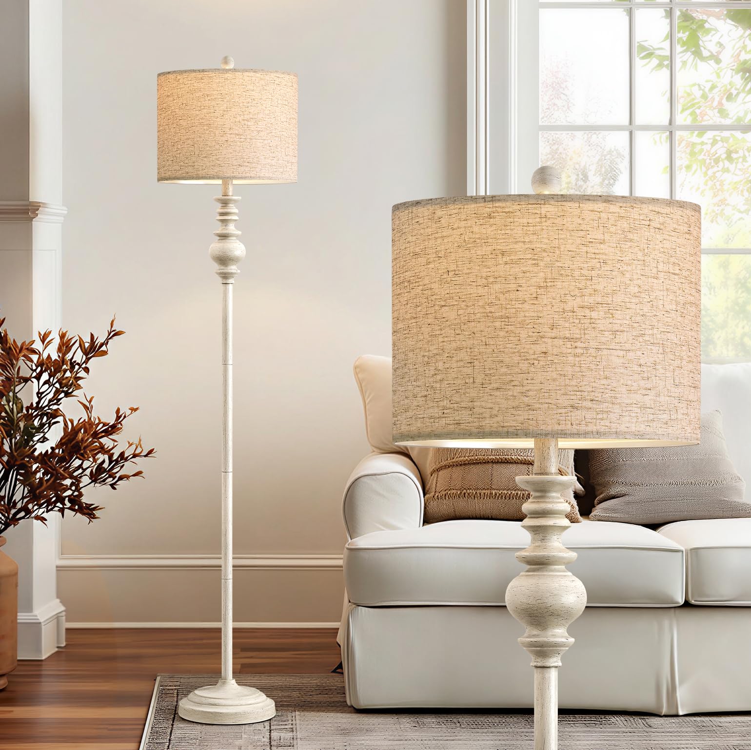 Photo 1 of BOBOMOMO 64.25" Farmhouse Floor Lamp for Living Room, Tall Antique White Standing Lamp with Rotary Switch, Vintage Reading Lamp for Bedroom & Nursery, Rustic Home Decor Corner Lamp