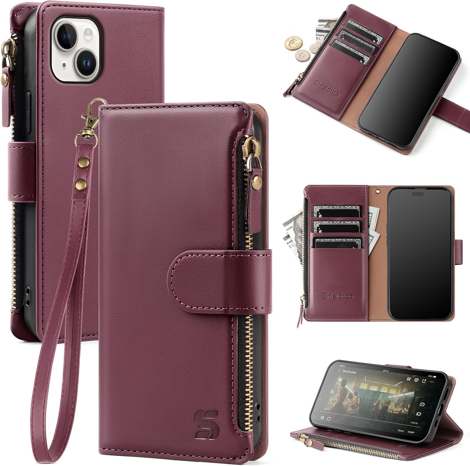 Compatible with iPhone 15 Plus Wallet Case with Card Holder,Women Men RFID Blocking PU Leather Flip Cover Wrist Strap Zipper Credit Card Slots,Phone Case for Apple 15 Plus,Wine Red