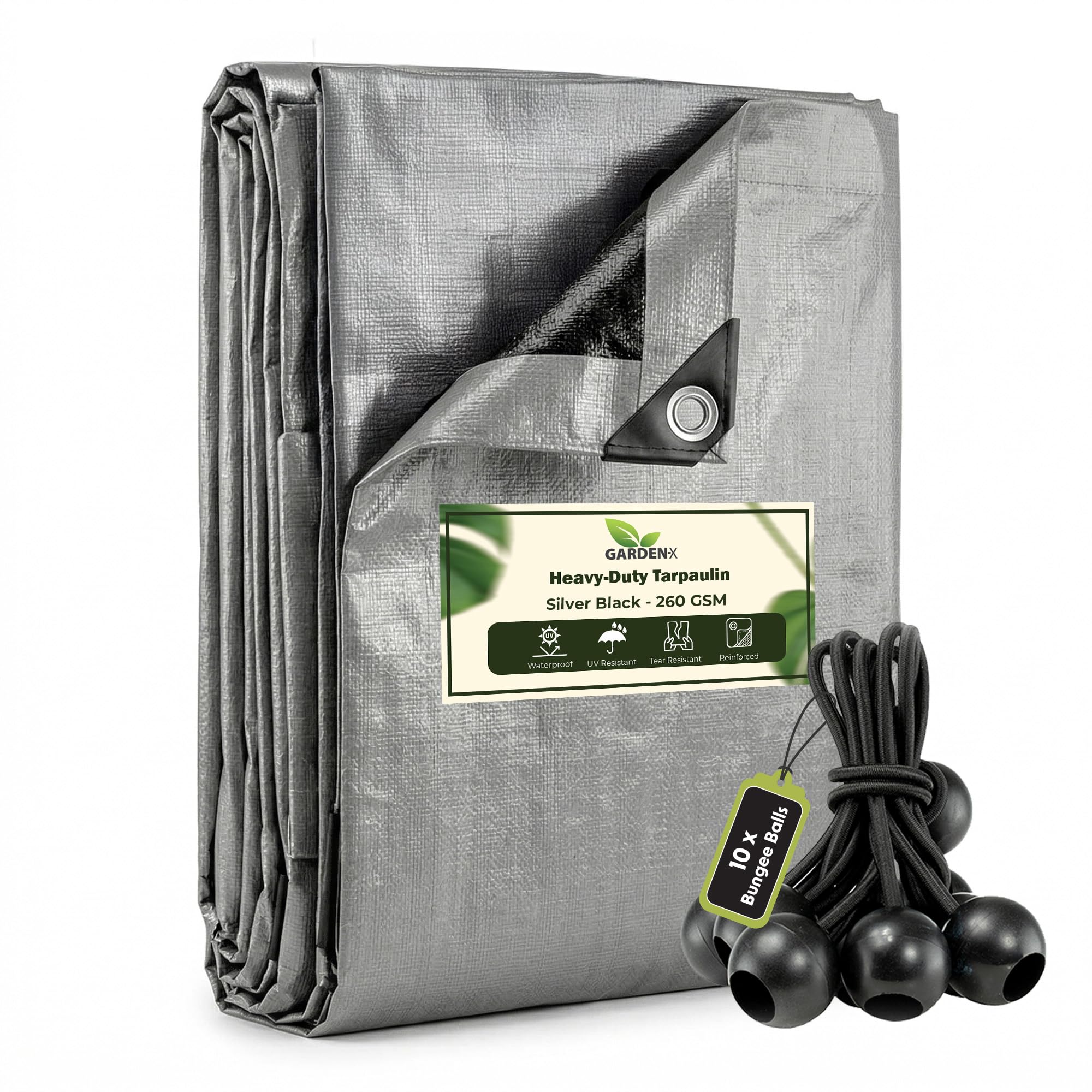 GARDENIX 4m x 4m Silver Heavy Duty 260gsm Tarpaulin Waterproof Tarp Sheet Cover, Groundsheet, Multipurpose, Reinforced Eyelets with 10 x 4" Bungee Balls (Black)