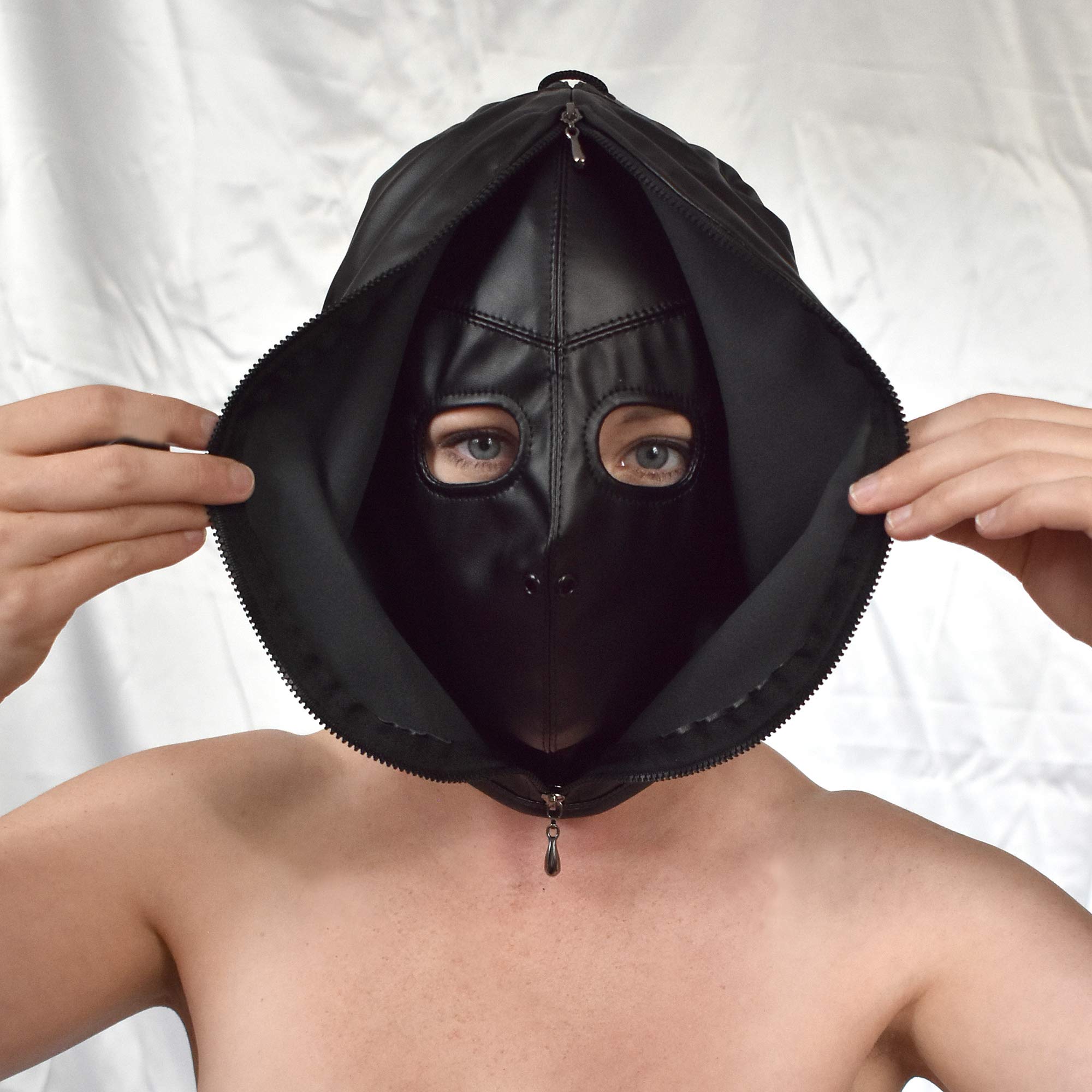 Morbida maschera doppia bondage feticistica – Maschera BDSM in similpelle, cerniera bidirezionale, Breathplay Mask, cappuccio isolante, formata anatomicamente