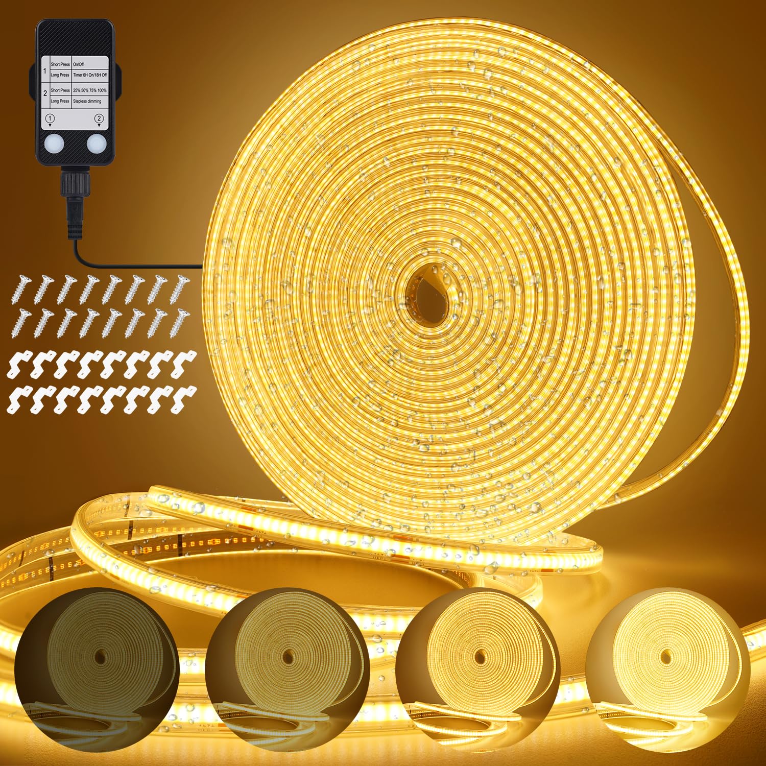 StarryEver COB LED Strip Lights Plug in, 10M 24V Warm White Dimmable Waterproof Outdoor LED Strip Light with UKCA Adapter Timer Cuttable for Porch Gazebo Yard Garden Lighting