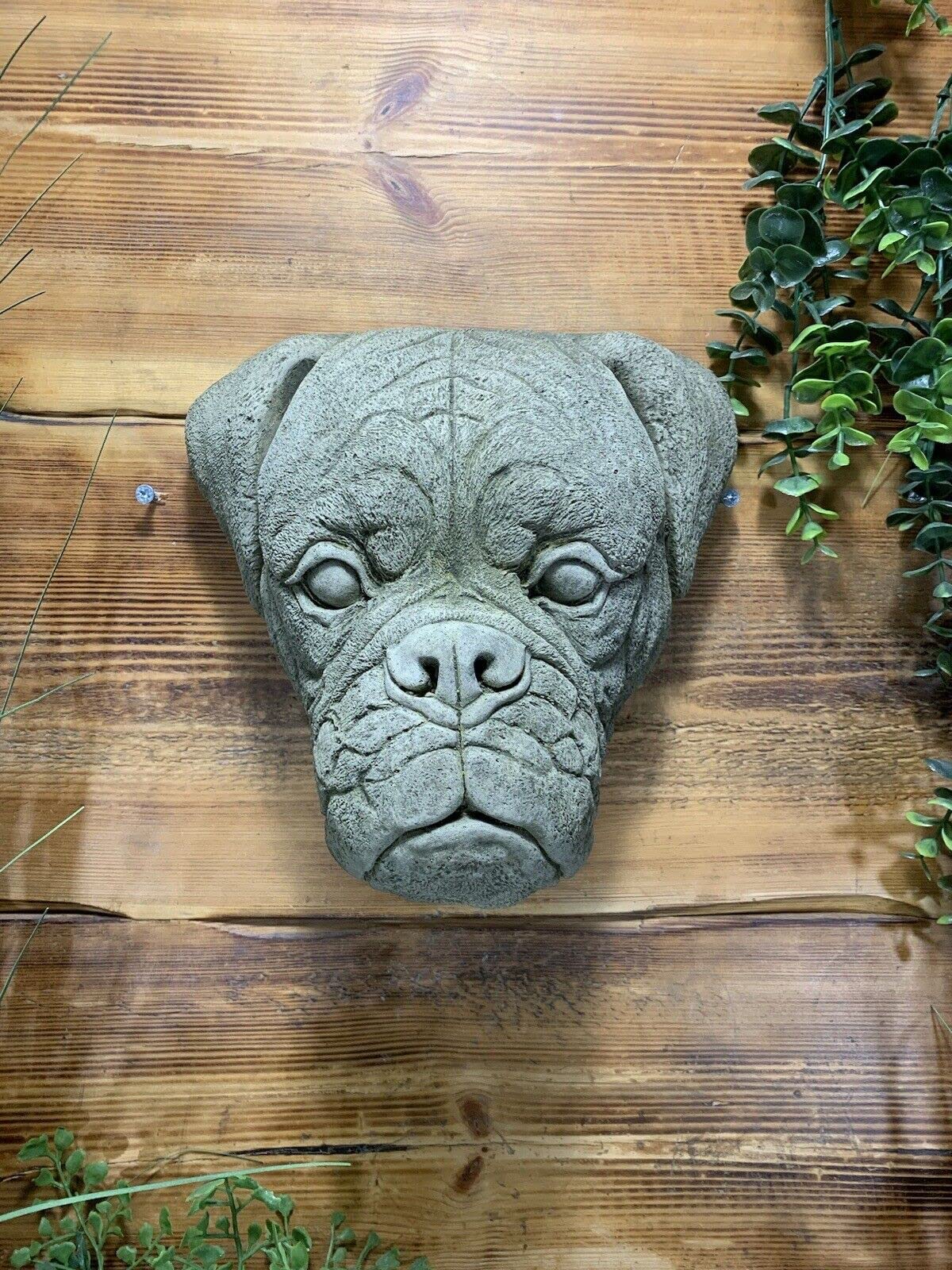 STONE GARDEN BOXER DOG HEAD PLAQUE HANGING WALL ORNAMENT GIFT STATUE