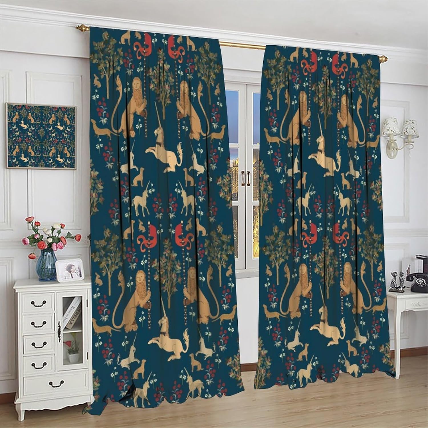 Animal Forest Blackout Curtain, Middle Ages Style Woodland Tree Animal Lion Dog Horse Pattern Window Treatments Darkening Drapes for Kitchen Living Room Bedroom Office Decor 52" W x 84" L