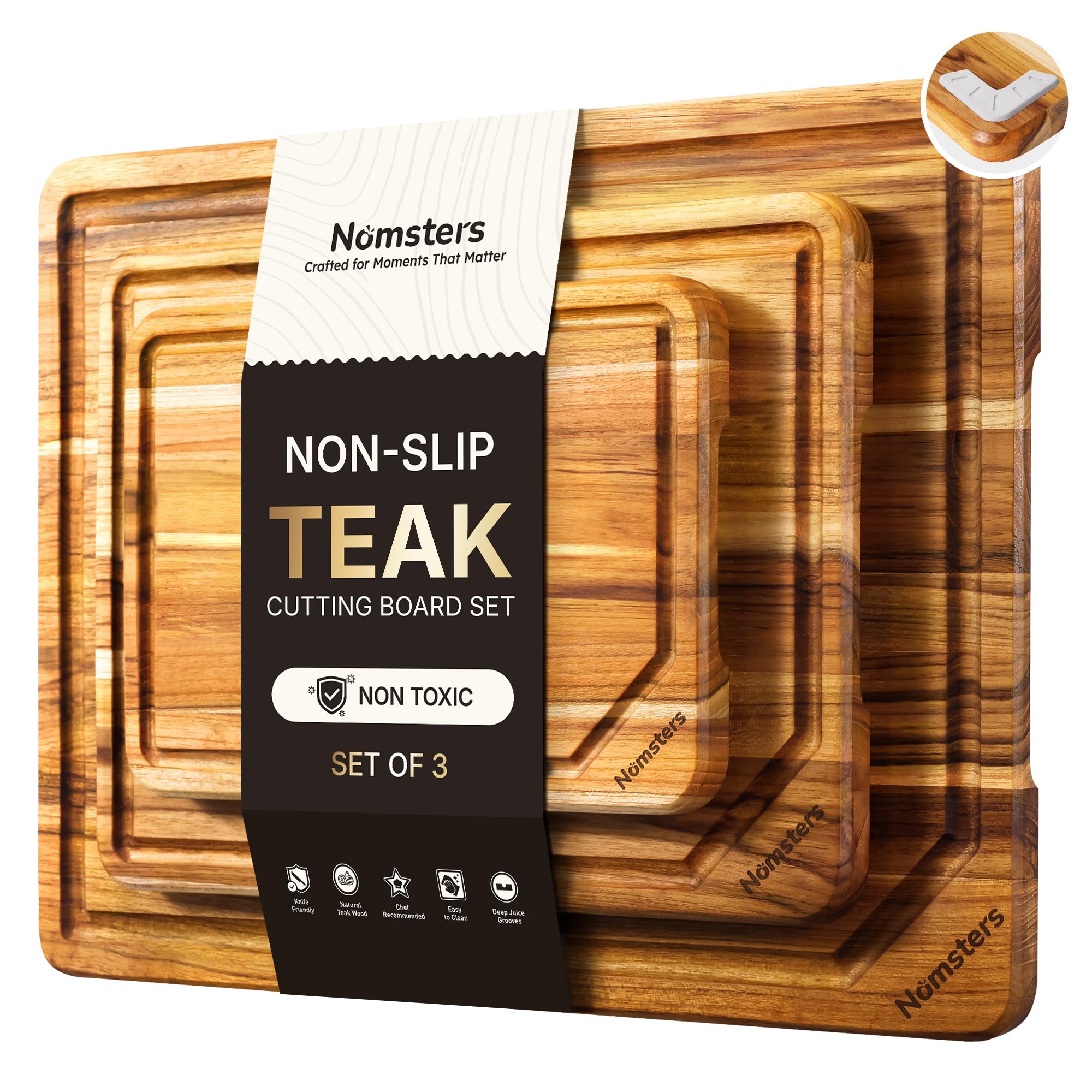 3 Pack Teak Wood Cutting Board for Kitchen Non Slip Charcuterie Board