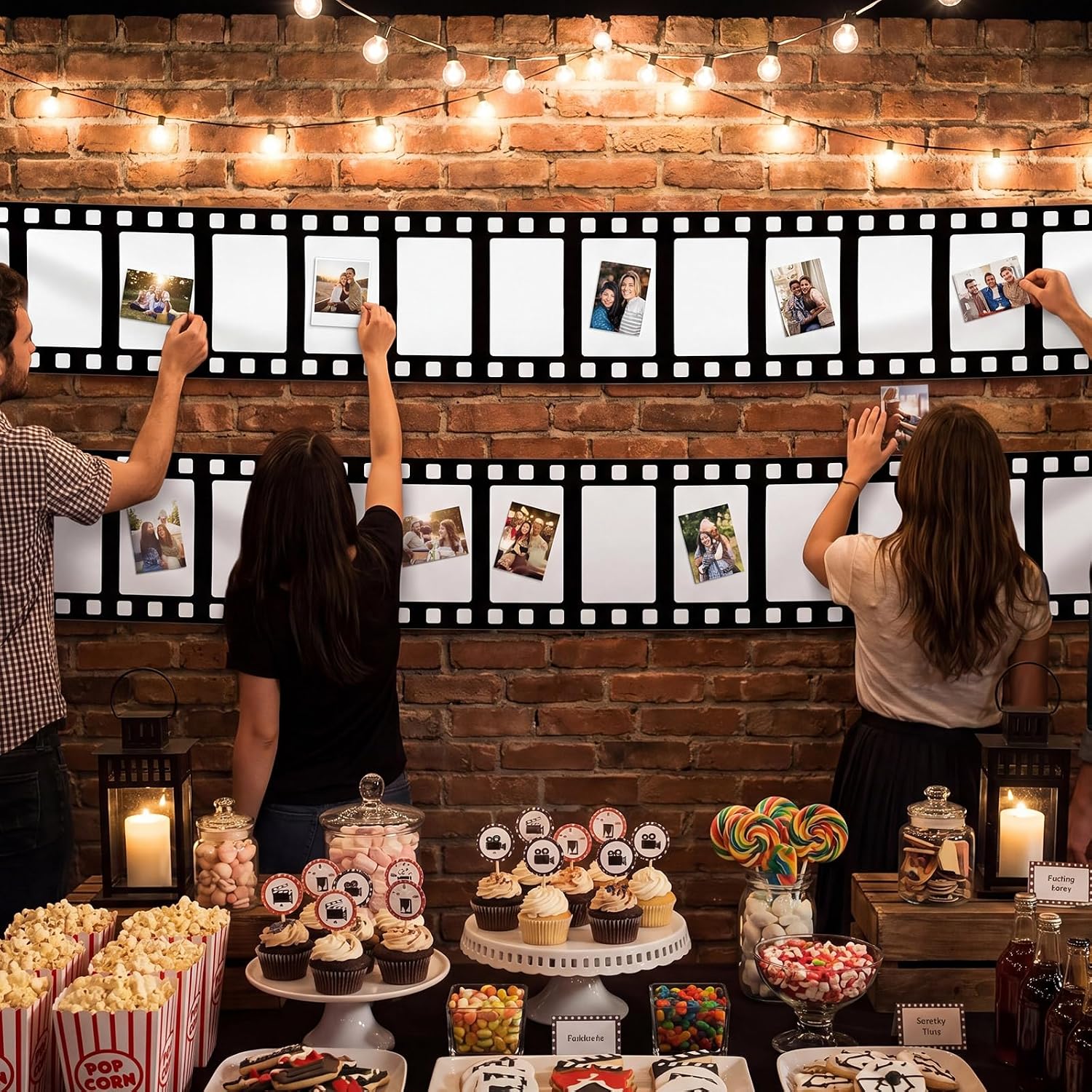 SmoothNovelty 2 Pcs 78"x12" Filmstrip Tape Banners Movie Themed Party Decorations Black and White Film Reel Porch Sign Fabric Movie Night Prop Backdrop Home Theater Decor with Hanging Rope Glue Point