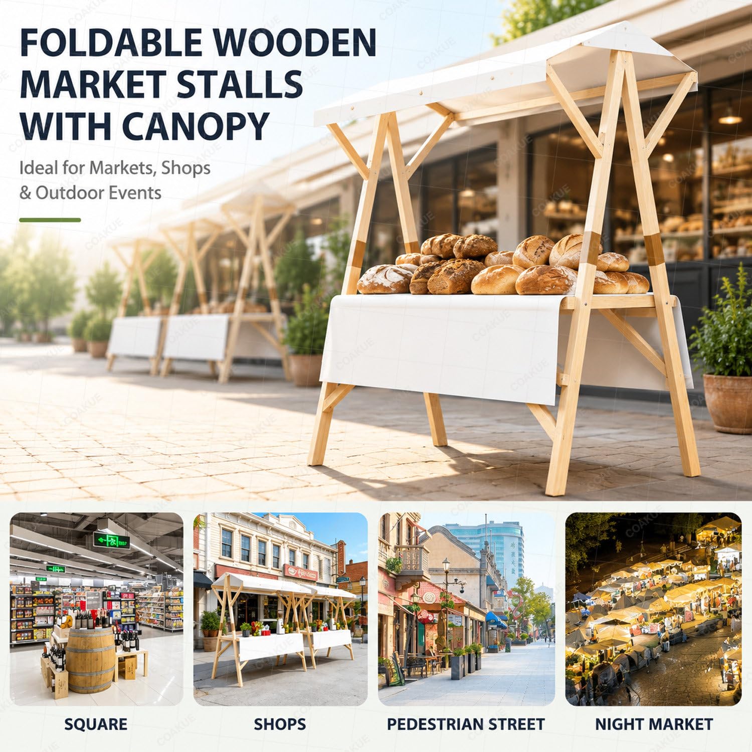 Carrito de Madera Plegable para Exteriores con Ruedas y toldo, Soporte portátil para exhibición de Comida para Venta Ambulante, mercados, Eventos y Fiestas al Aire Libre BlueB-150cm/59in