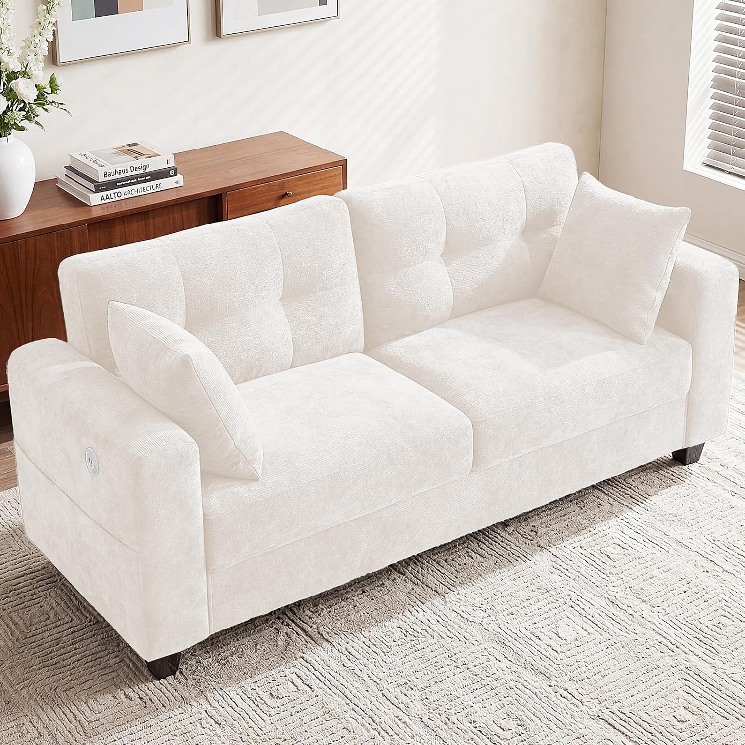 70" Loveseat Sofa for Living Room, Modern Chenille Cloud Couch with USB/Type-C Charging Ports, Side Pockets, Removable Cover, Wide Armrests, Small Couch for Small Space, Easy Assembly, Beige