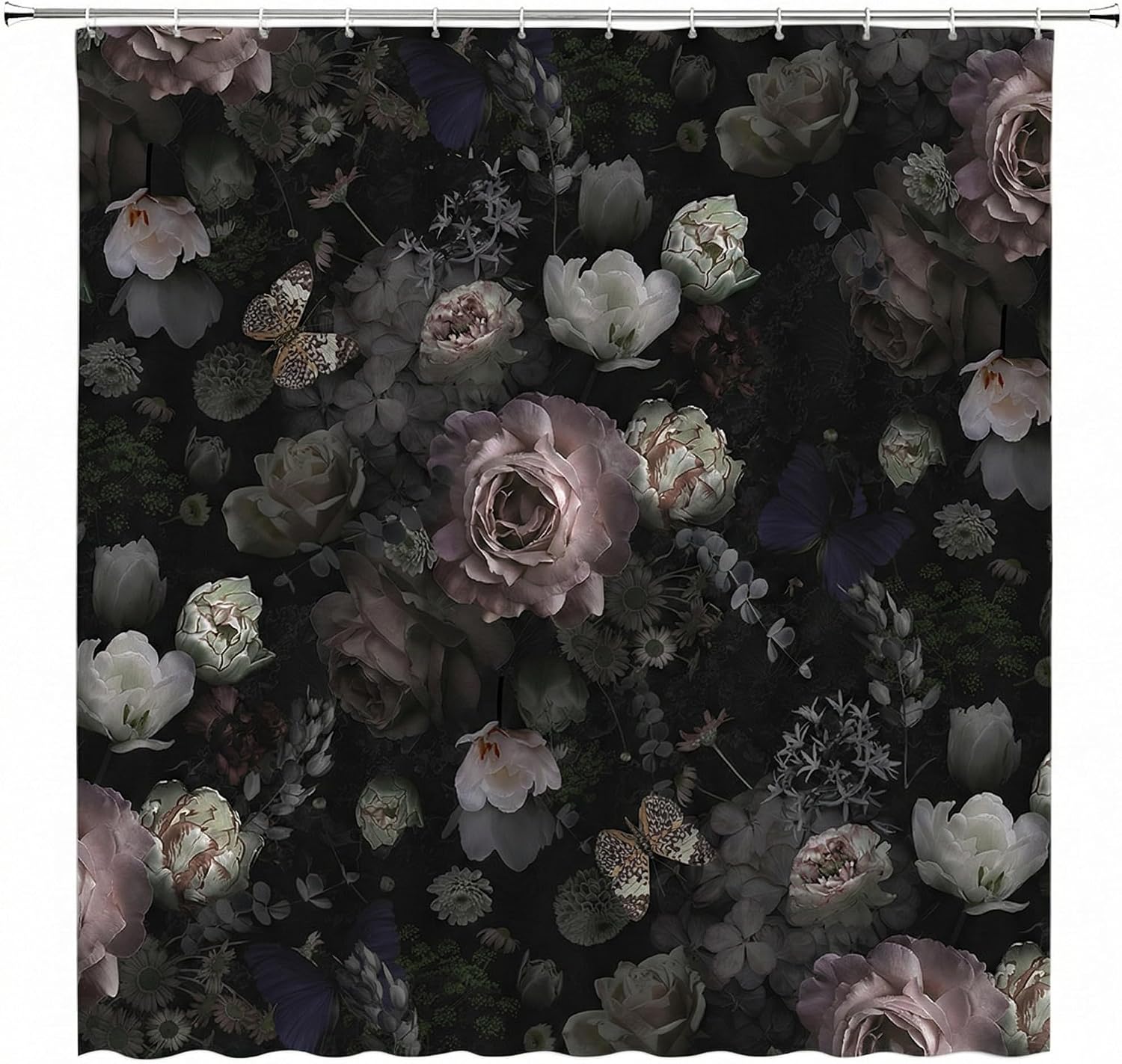 Black Floral Shower Curtain Retro Flower Bloosom Rustic Rose Watercolor Peony Vintage Boho Gothic Spring Plant Leaves Fabric Bathroom Decor Set with Hooks(70" WX70 H)