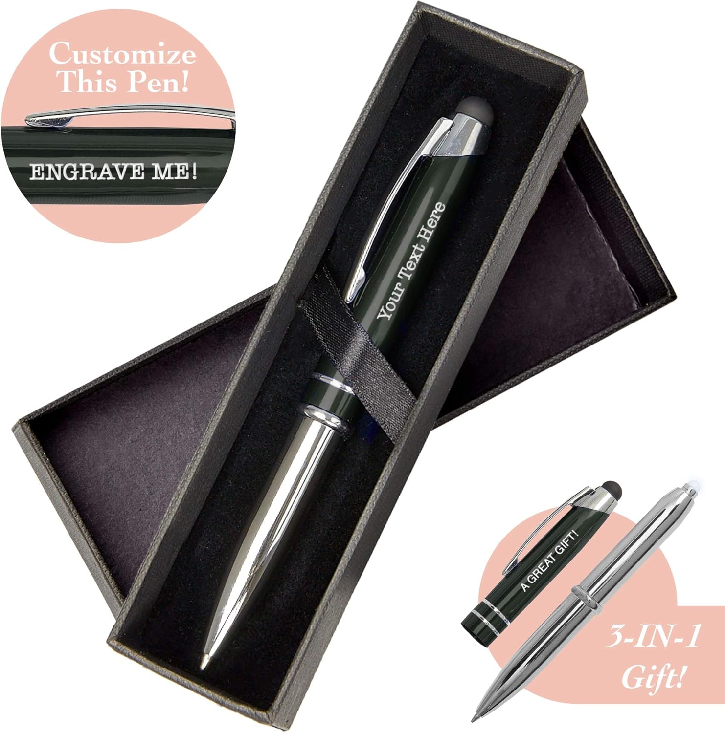 Personalized Pen, 3-in-1 Ballpoint Pen, Touch Screen Pen Stylus, & Flashlight- Customized for Men, Women, Adult Party Favors - Customizable with Personalized Text, Names, or Logo, Grey