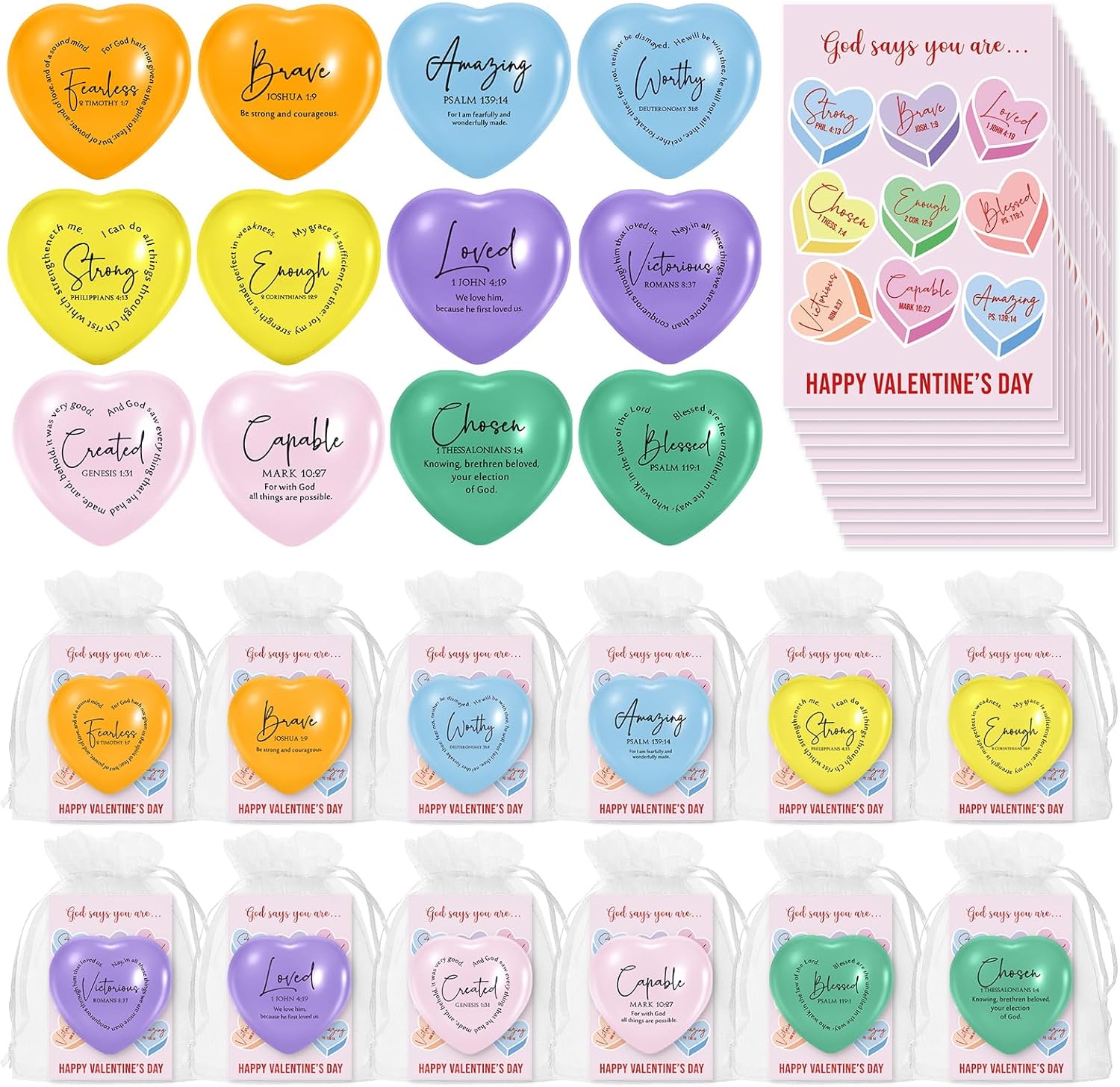 Meooeck 24 Sets 2.75 Inch Happy Easter Christian Day Heart Stress Balls Bulk with God Says Greeting Cards Motivational Stress Relief Balls for Religious Easter Coworker Exchange Gifts (Red)