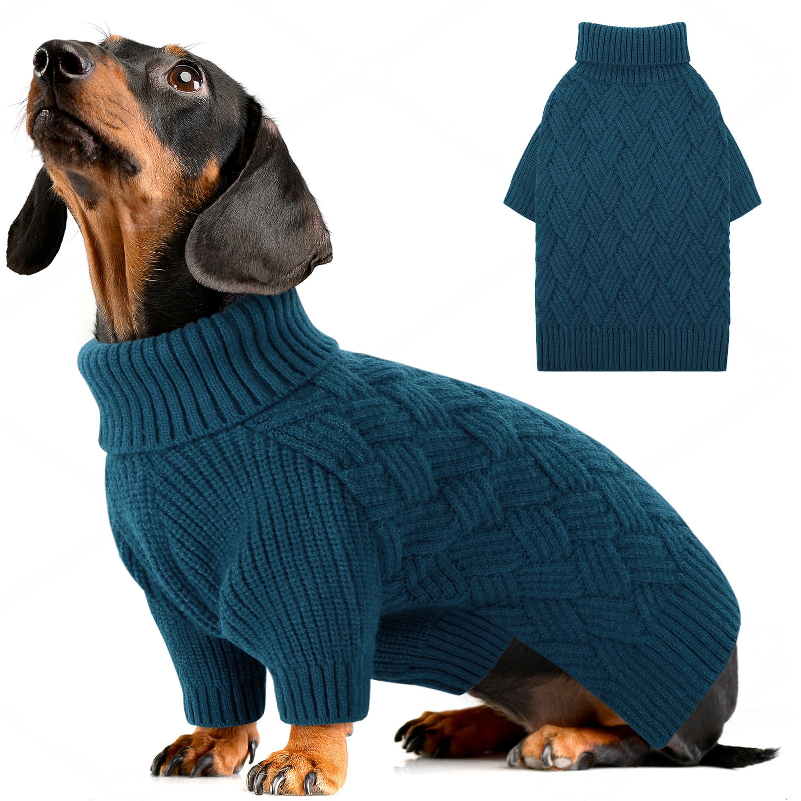 AOFITEE Small Dog Jumper, Turtleneck Jumpers for Small Dogs Male, Warm Dog Winter Jumper Girl Boy, Dogs Christmas Jumpers Sweater, Classic Cable Pet Sweaters Knitwear for Pug Dachshund (PeacockBlue S)
