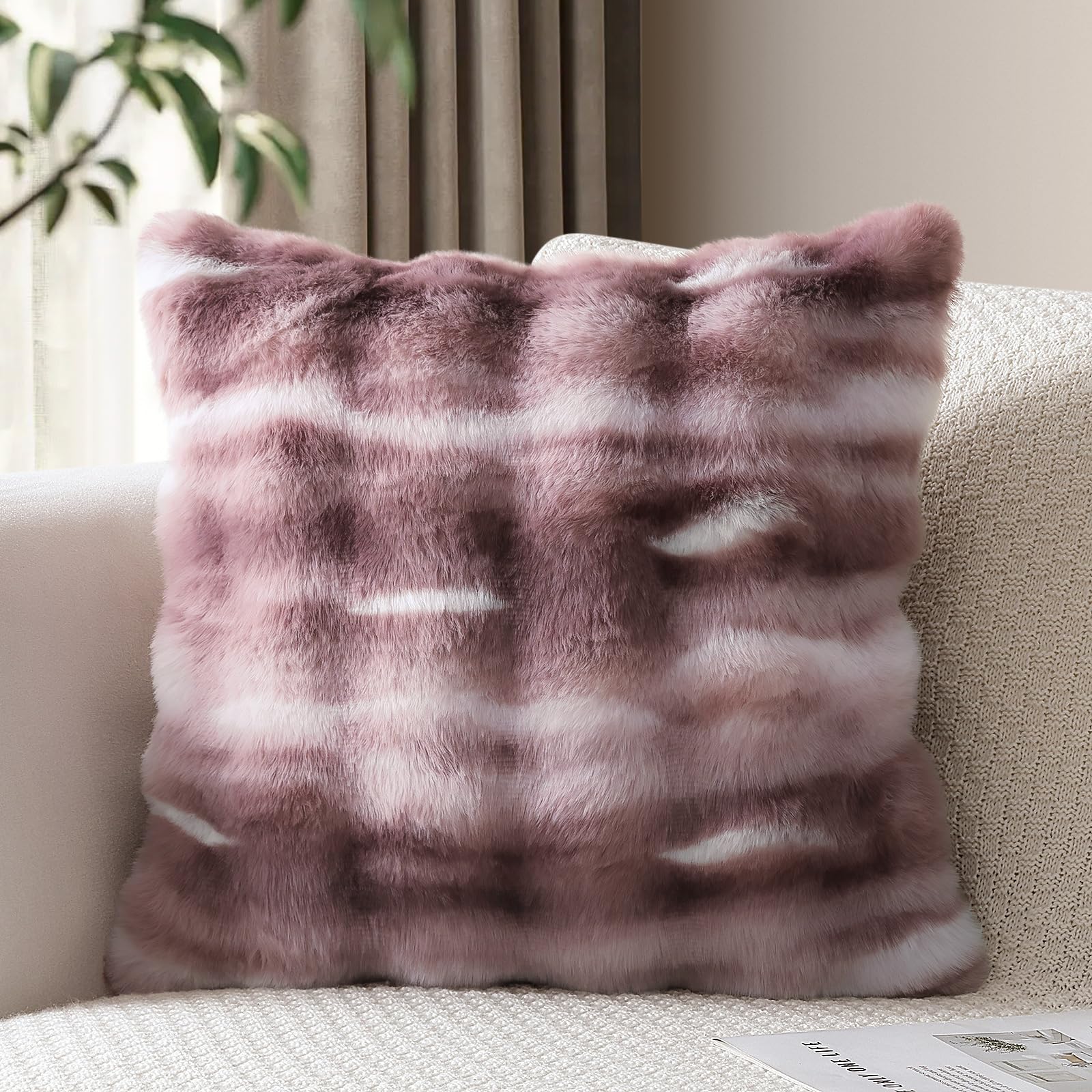 JOTOM Set of 1 Plush Cushion Cover 40x40 cm Soft Decorative Throw Pillow Cover Fluffy Faux Fur Pillowcase for Couch Sofa Bedroom Pillow 16x16 Inch (Pink White) — image 1