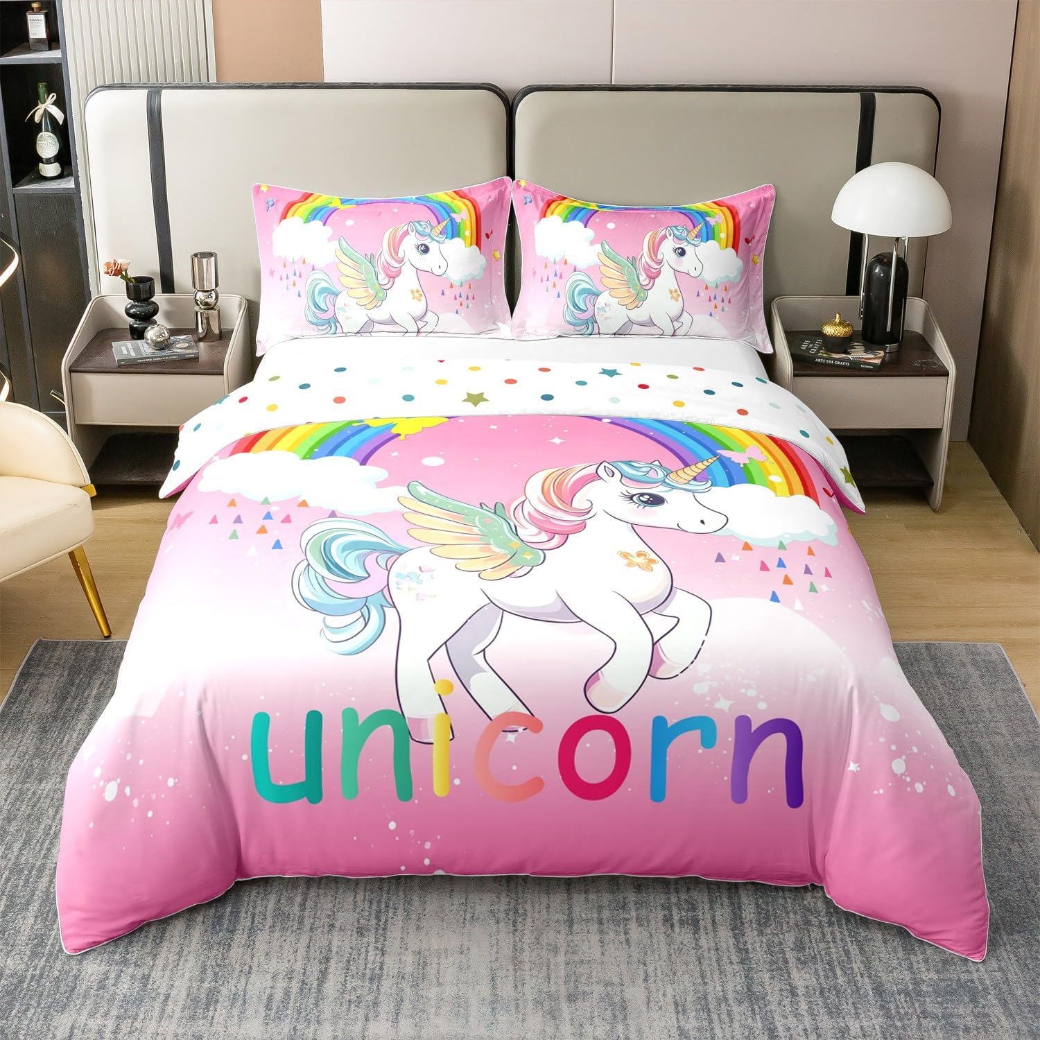 100% Cotton Unicorn Bedding Full for Girls Kawaii Rainbow Unicorn Duvet Cover Kids Galaxy Stars Comforter Cover White Horse Floral Quilt Cover Reverse Fantasy Girls Room Decor Pink Unicorn Gift,3Pcs