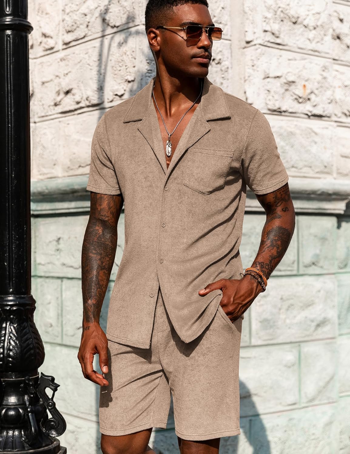 URRU Mens Short Sets 2 Piece Outfits Summer Beach Terry Short Sleeve Button Down Shirt and Shorts Set - Image 5