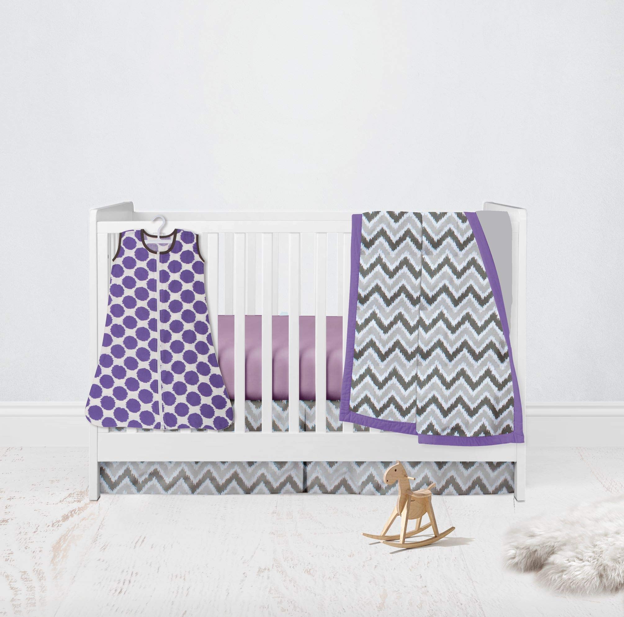 Bacati - Boys 100 Percent Breathable Cotton Muslin 4 Piece Nursery Baby Crib Bedding Set for Boys/Girls US Standard Crib (Ikat Leopard Purple/Grey)