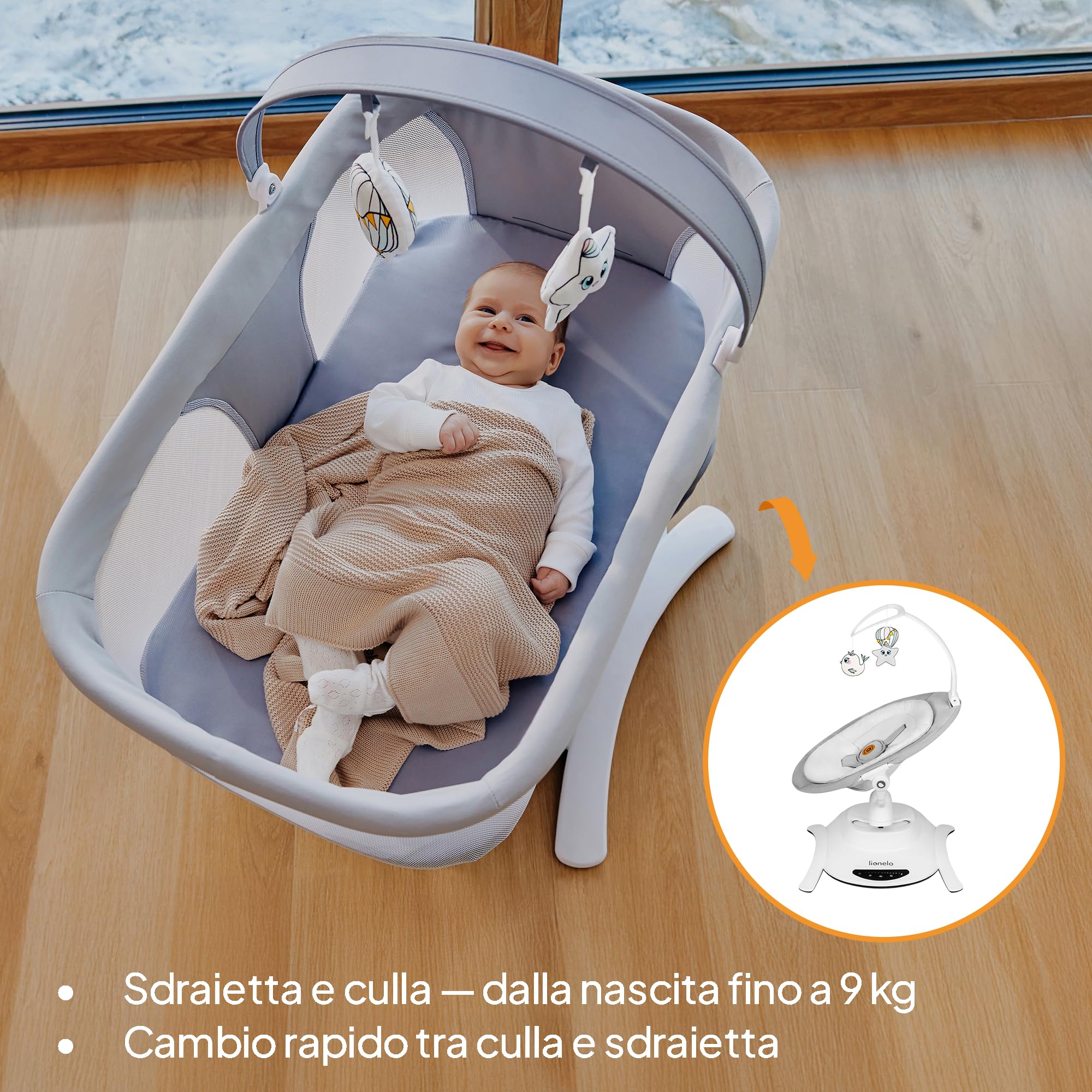Lionelo Sdraietta Elettrica e Culla lettino BELLA SET 2in1 per Neonati, Girevole 360°, 6 Movimenti di Dondolio, 12 Melodie, Telecomando, Cinture di Sicurezza, Materasso in Schiuma T2, fino a 9kg