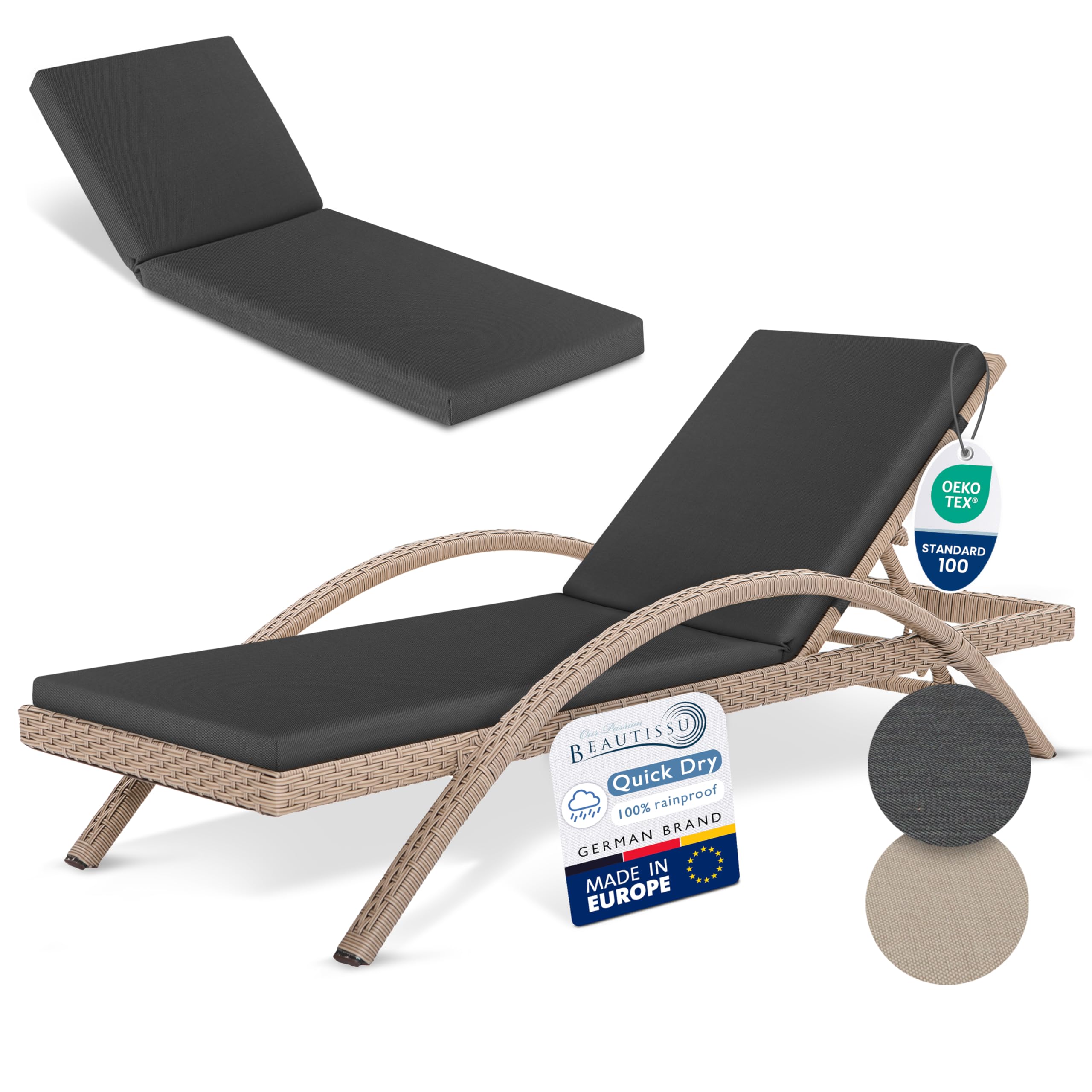 Beautissu Anthracite 2Pcs Sun Lounger Cushion Only Waterproof 190X60 Cm - Outdoor Deckchair Garden Recliner Cushions For Garden Furniture Loungers Weatherproof - Washable Cushion-Cover