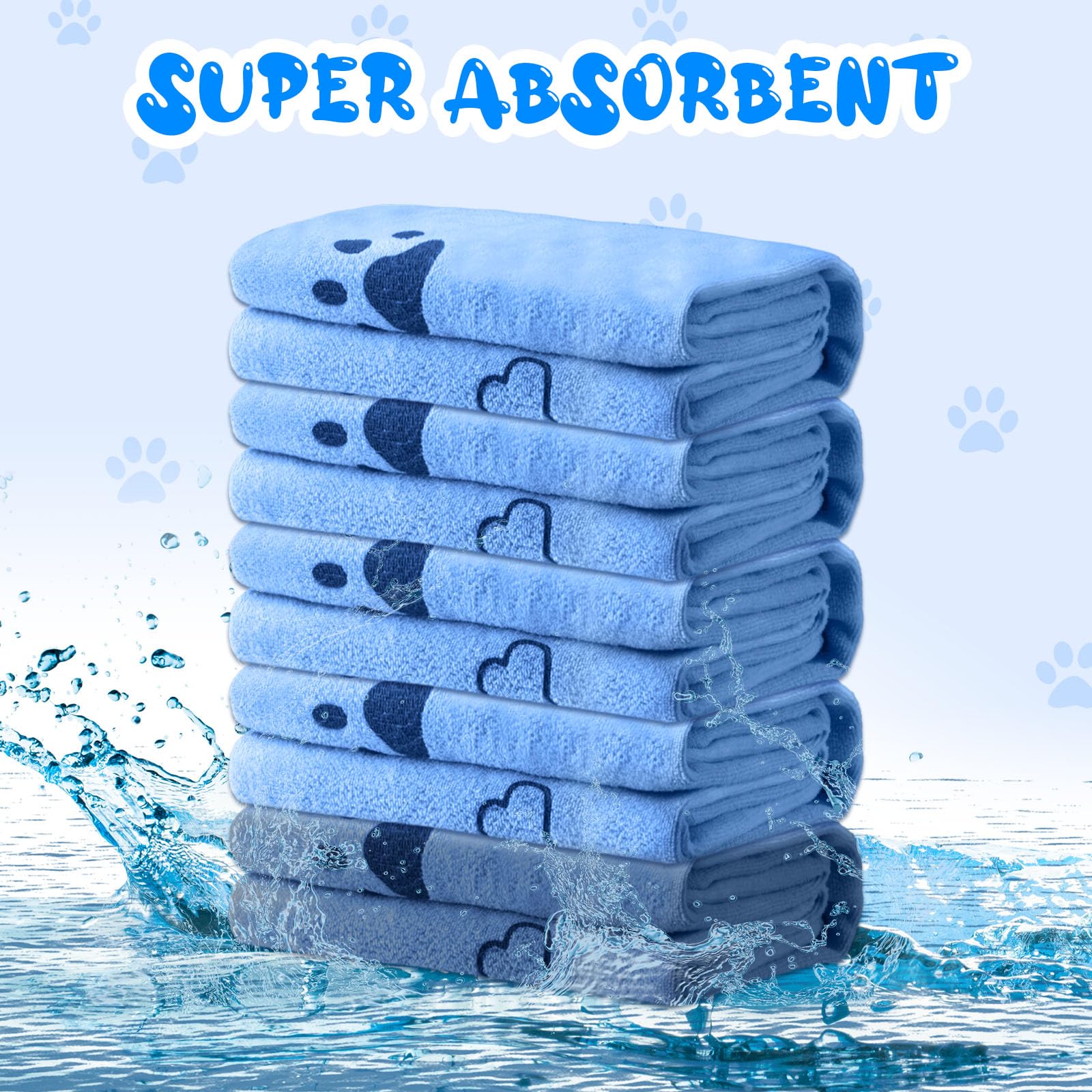 Lot de 12 serviettes de séchage en microfibre pour chien, chiot et chat de petite, moyenne et grande taille, 71,1 x 149,7 cm (bleu, patte, os)