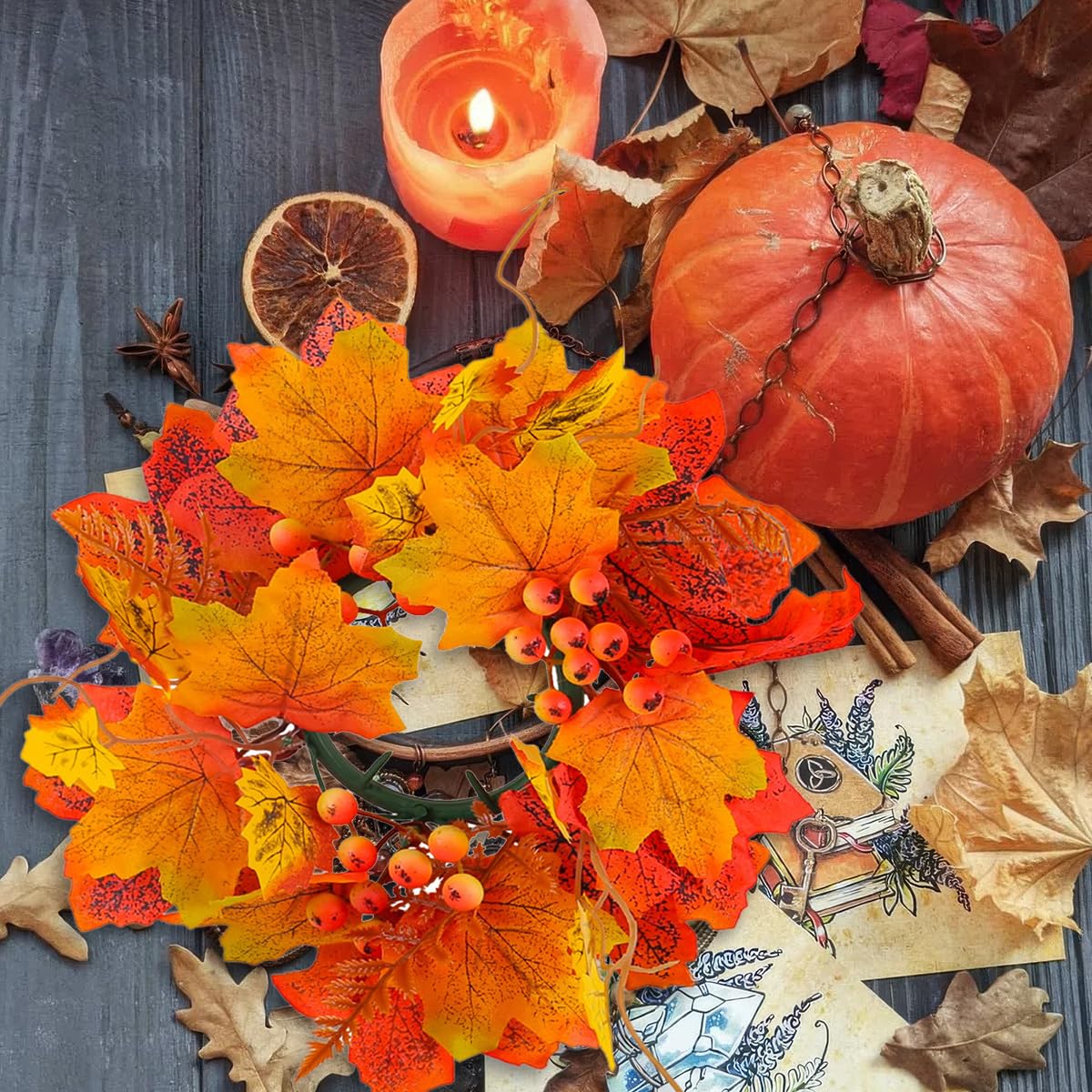 Fall Candle Rings With Maple Leaves - Thanksgiving Table Decor With Artificial Berries For Centerpieces