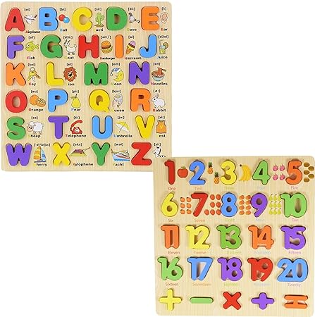 WISHKEY 3D Wooden Capital Alphabet & Number Board Puzzles with Pictures,Set of 2 Montessori Educational Learning Letters Toy for Pre Schooler Kids Boys & Girls(Pack of 2, Multicolor)