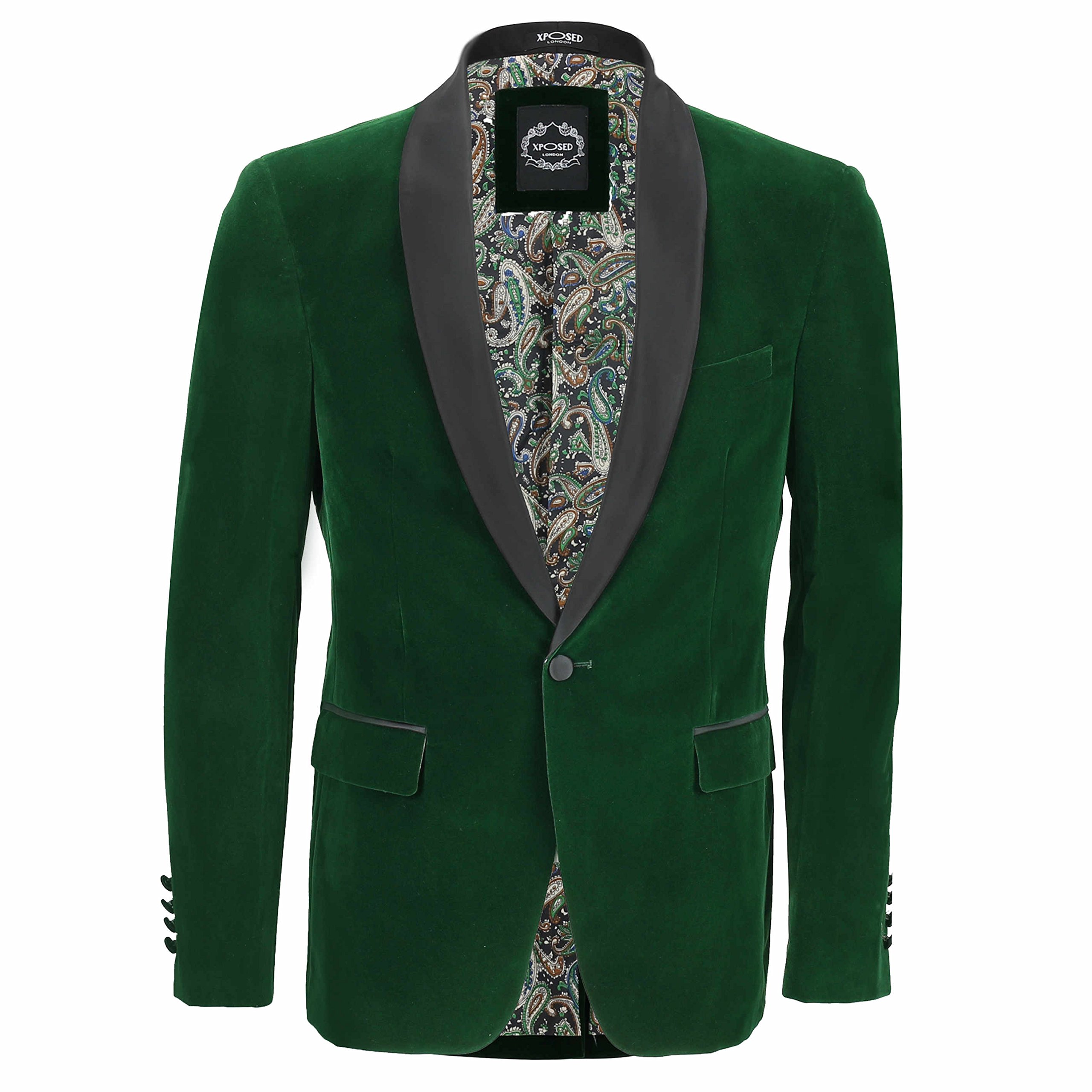 Men’s Soft Velvet Dinner Jacket Retro Tailored Fit Party Tuxedo Blazer Black Satin Shawl Lapels [AMZCH-TUX-MAK-GREEN-52]