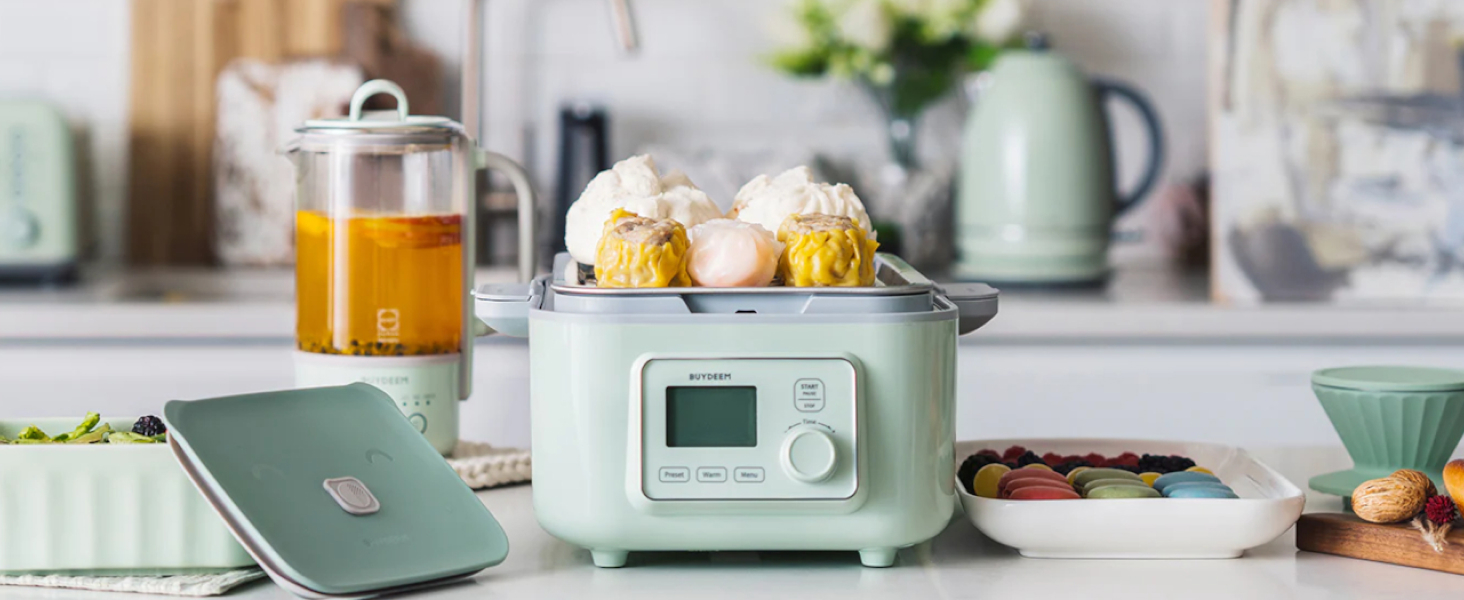 BUYDEEM Cuiseur Vapeur Tout-en-Un 10L - 1500W - 6 Programmes Auto - Vert - Avec Casseroles Et Plaque Céramique