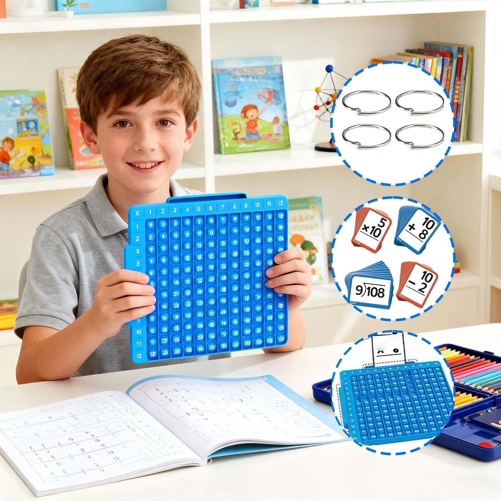 Schede flash matematiche, set di apprendimento matematico, schede flash educative con bordo, 332 carte per addizione, sottrazione, moltiplicazione e divisione, silicone blu, età 6-12 anni, con anelli