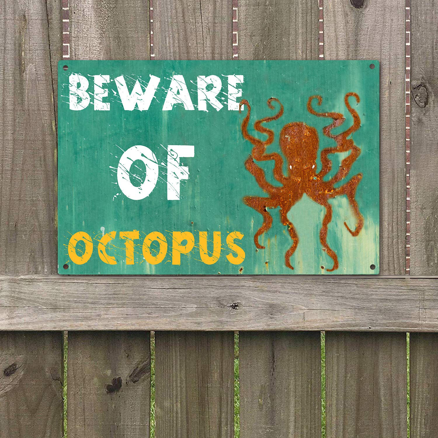 Agantree Art Beware of Octopus Warning Sign Vintage Retro Metal Plaque Sign 8” x 12”