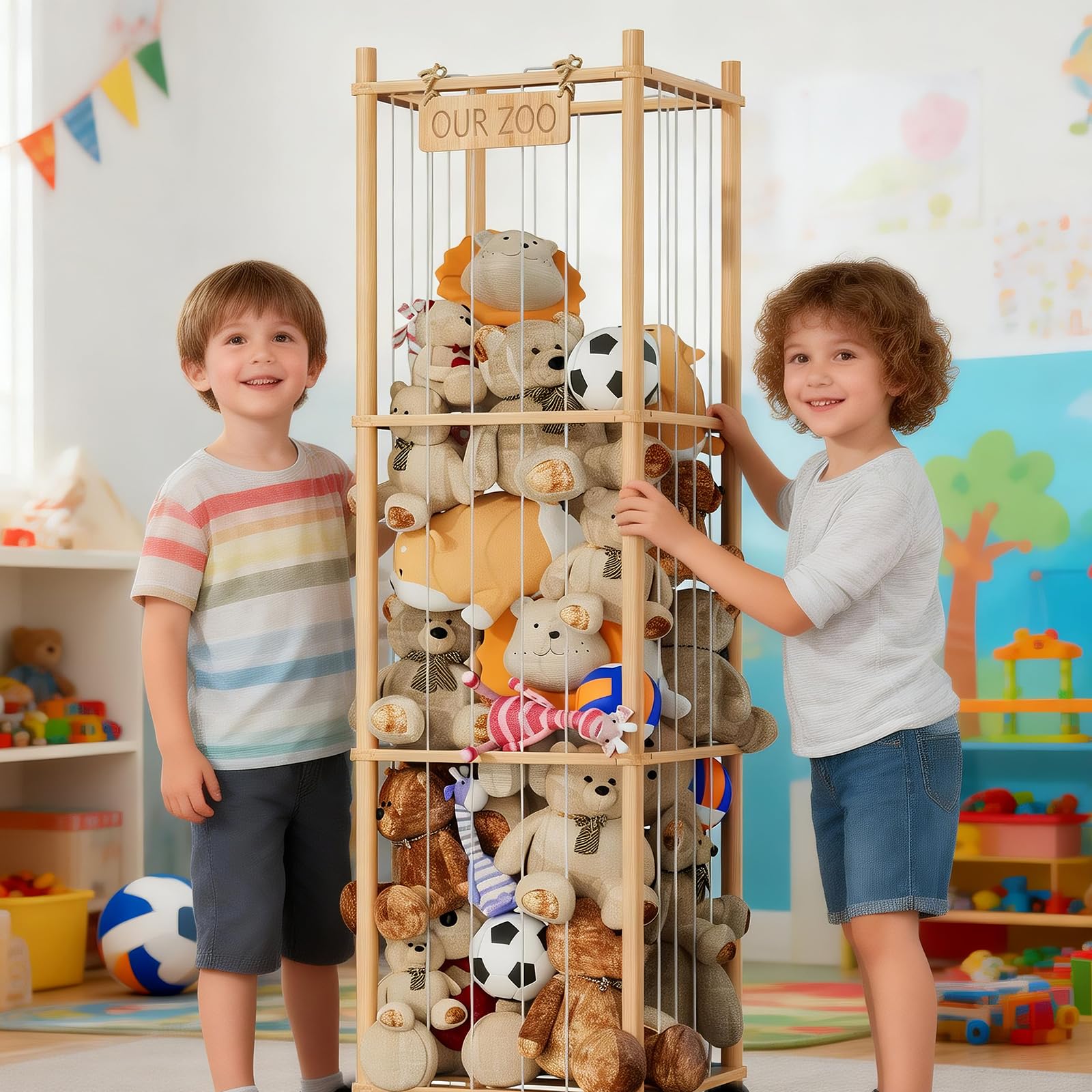 Estantería de almacenamiento para animales de peluche, gran estantería de madera para guardar juguetes de peluche, para ahorrar espacio en la habitación de los niños, sala de juegos y