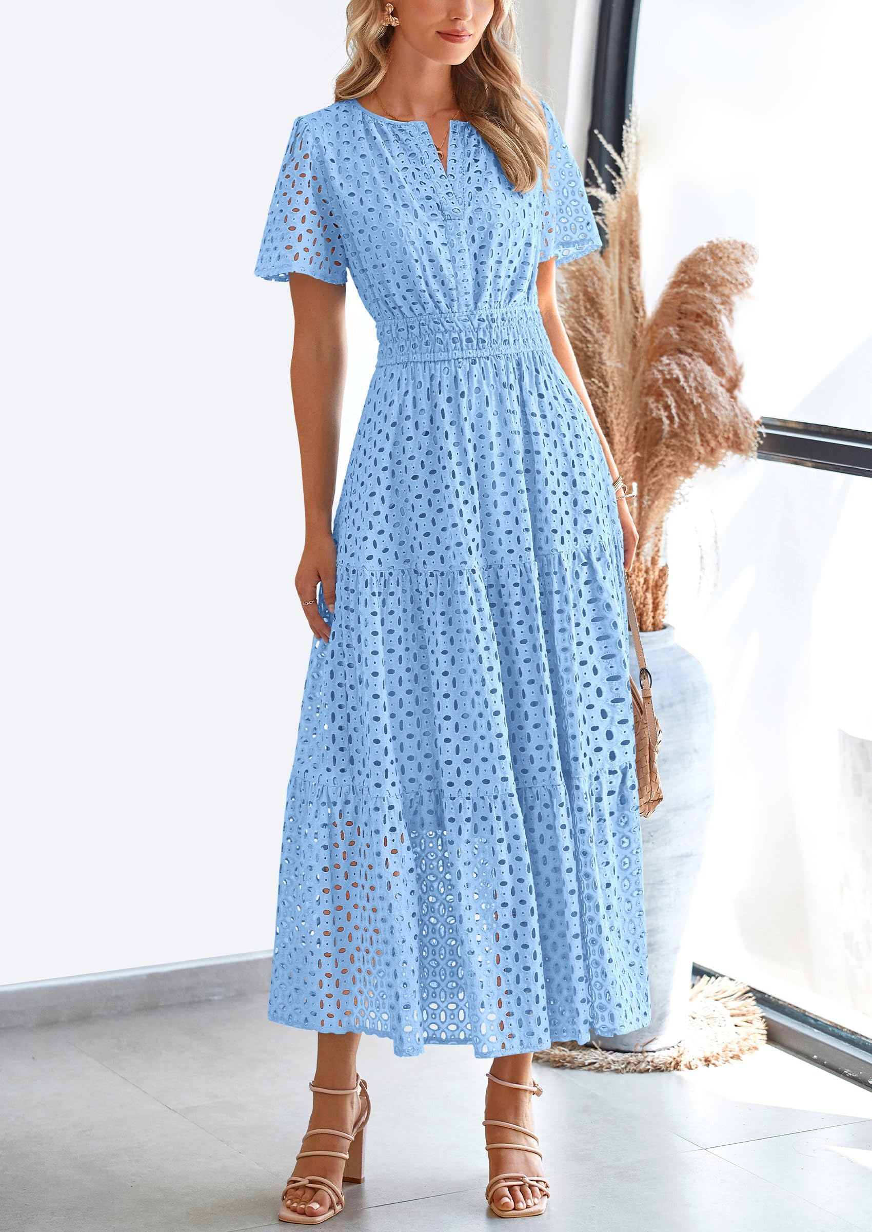 PRETTYGARDEN Womens 2026 Summer Maxi Dress Short Sleeve V Neck Hollow Out Eyelet A Line Long Flowy Beach Vacation Dresses: Light Blue Large