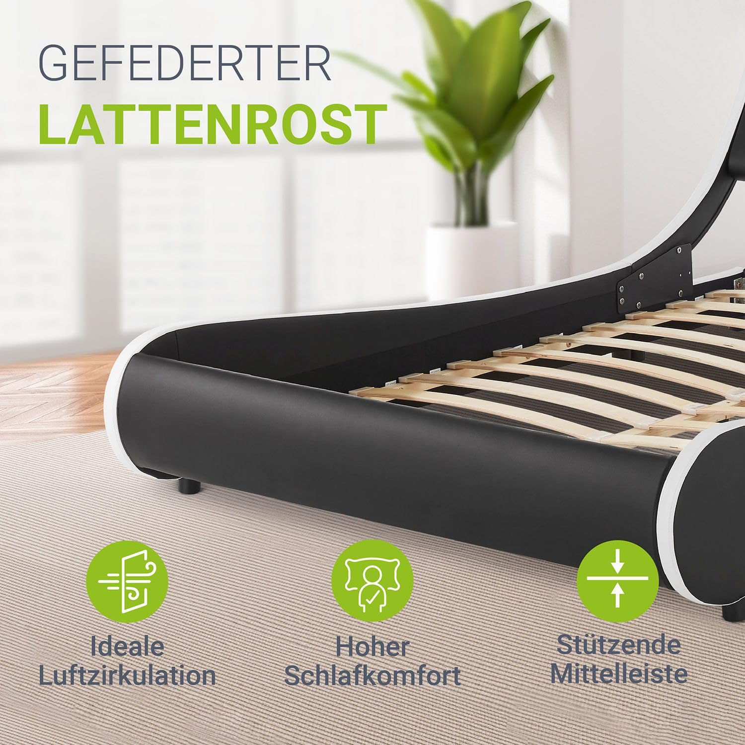 Juskys Polsterbett Valencia 180x200 cm komplett mit Matratze, LED Beleuchtung, Lattenrost & Kopfteil - Bett Doppelbett - schwarz