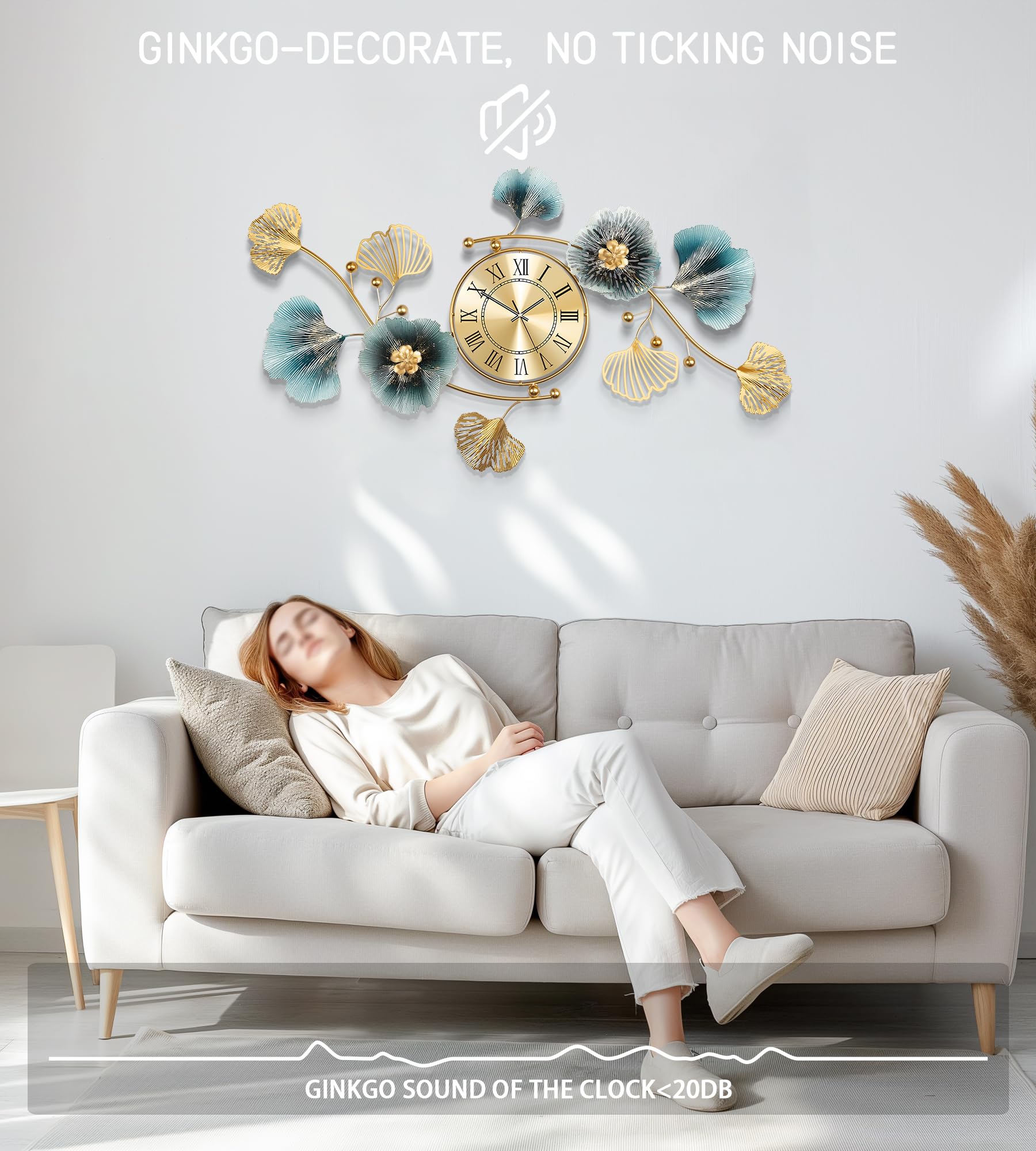 Axioglo Large Wall Clock,3D Creative Metal Ginkgo Leaf Decoration Clock, with Silent Movement Decorative Wall Clock,Large Wall Decor, for Living Room Bedroom Kitchen Office?35''x20''?