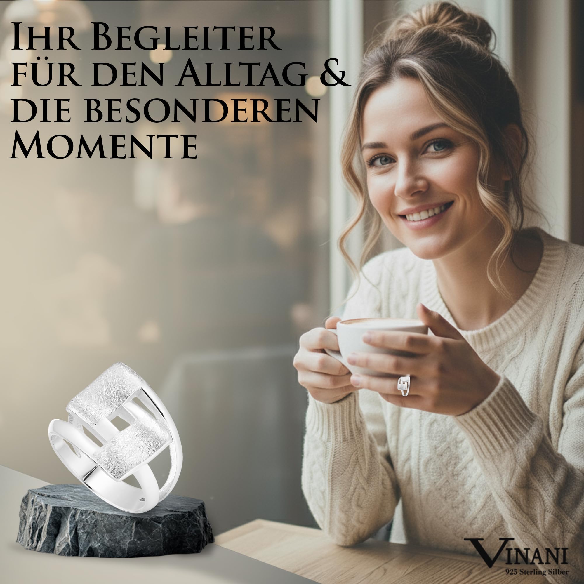 Vinani Damenring aus 925 Sterling Silber – Massiver, gebürsteter Ring mit geschwungenem Viereck-Design, nickelfrei & antiallergisch, handgefertigter eleganter Silberschmuck