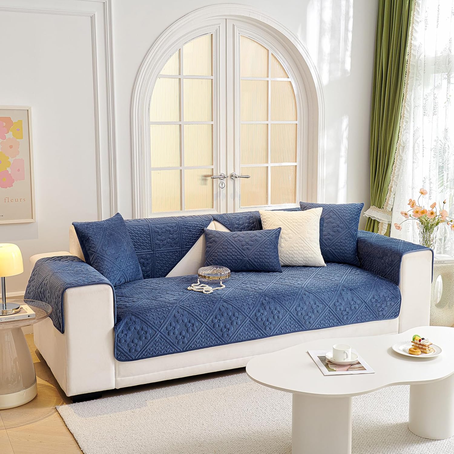 vctops Soft Velvet Sofa Cover Farmhouse Floral Quilted Sectional Couch Covers Non Slip Washable Couch Cover Sofa Slipcover for Dogs, Children, Pets, 1 Piece/Not All Set (Dark Blue,27"x59")