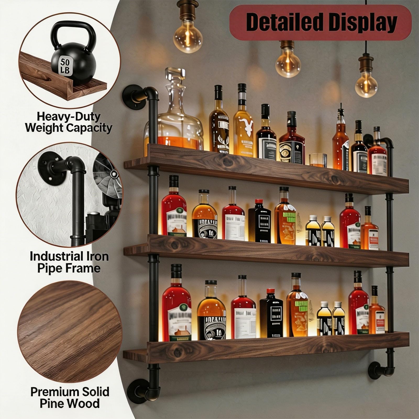 Portabottiglie da Parete con Luci a LED, Ripiani Espositivi Galleggianti in Ferro e Legno a 2 o 3 Livelli per Liquori, Portabottiglie da Parete Industriale, per Bar e Cucina (Noce, 3-125CM)