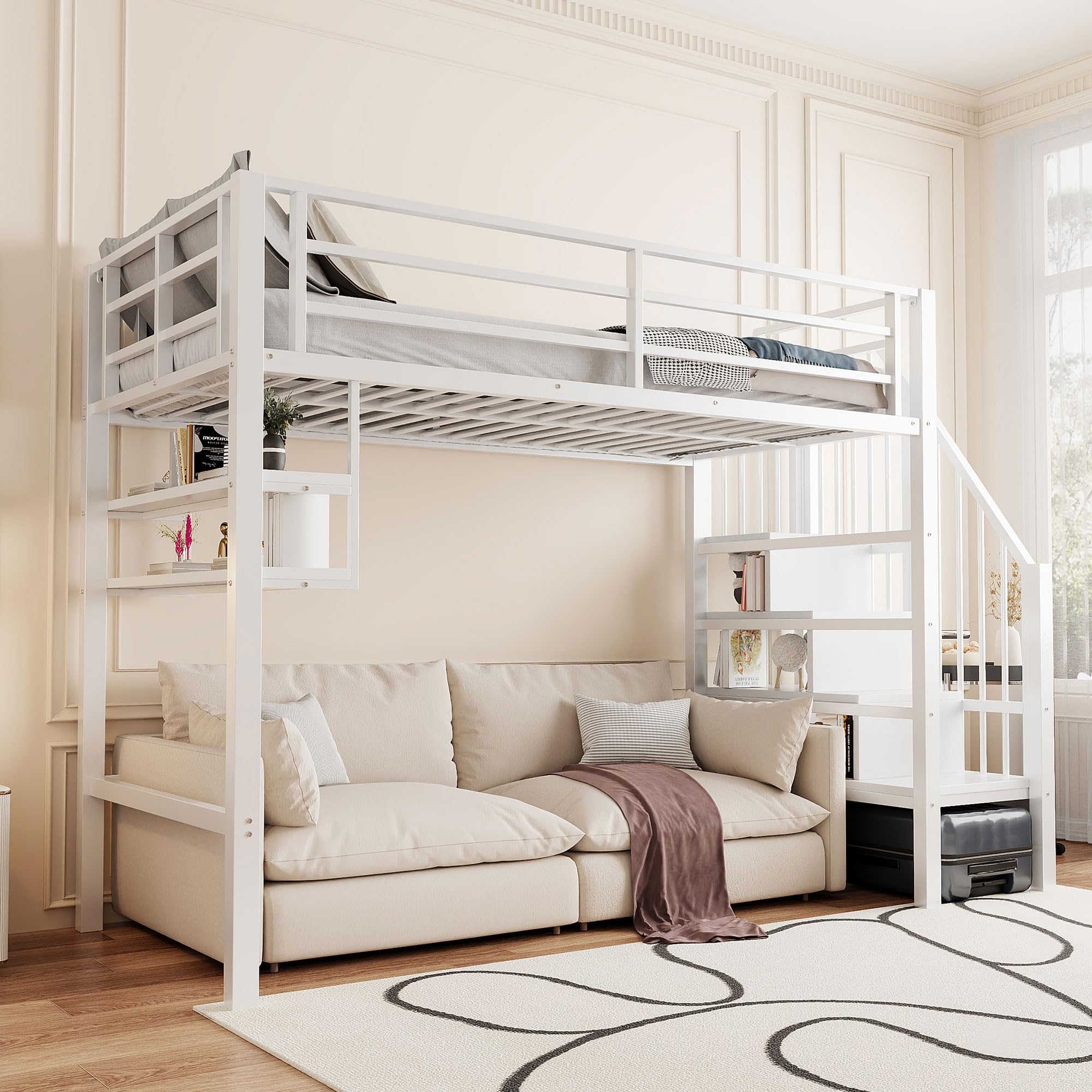 Moimhear Cama alta, 90 x 200 cm, cama de hierro, estantes, escalera de almacenamiento, espacio libre debajo de la cama para disfrazarse, barandilla, sin colchón (blanco)
