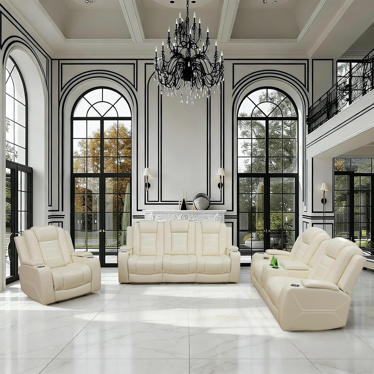 Power Recliner Sofa Set - 3 Piece Living Room Furniture Set with Electric Reclining Sofa Loveseat Chair, White Breathable Faux Leather, USB Ports, Wireless Charging, Cup Holders, LED Lights