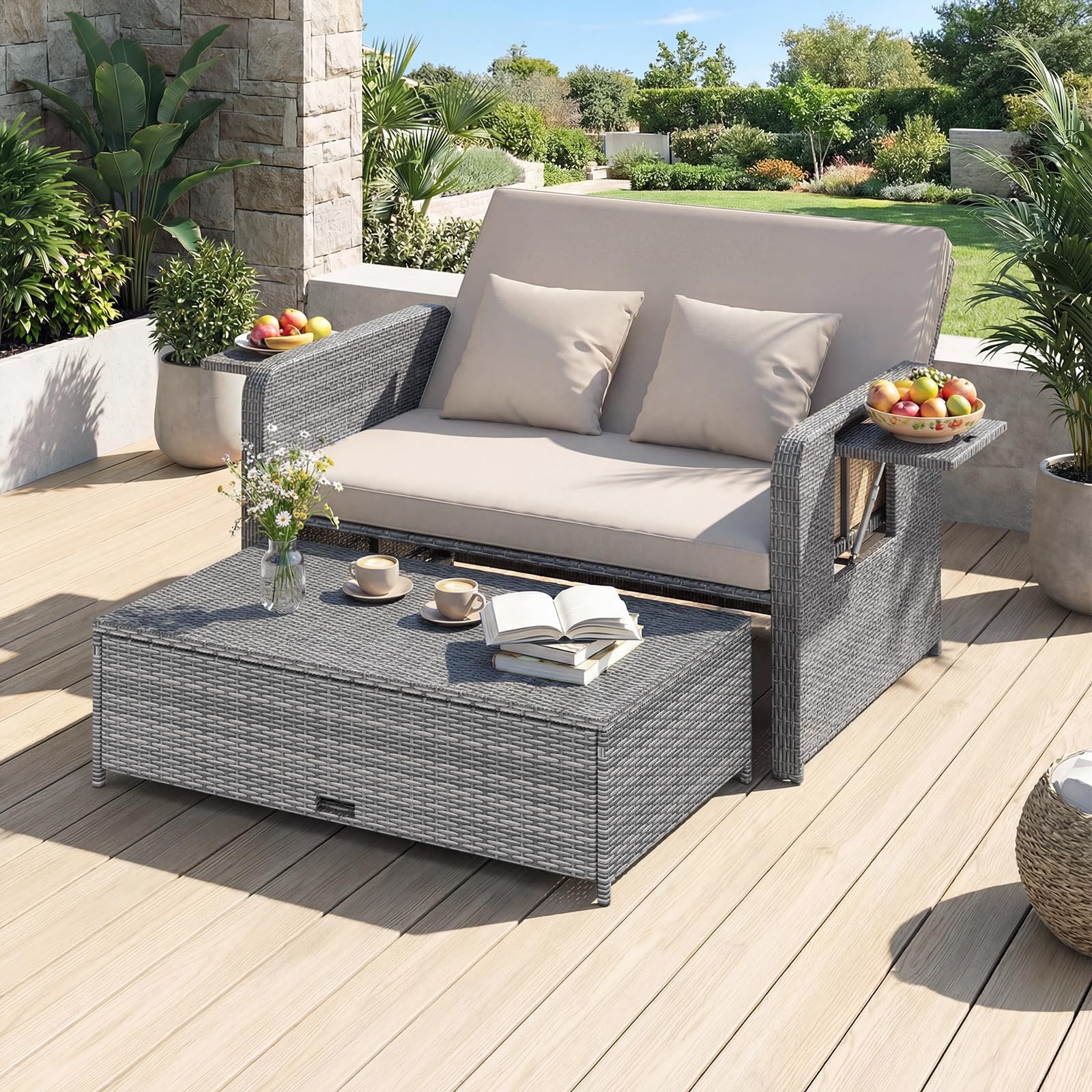 GIANTEX Canape Exterieur Jardin 2 Pièces, Canapé de Jardin 2 Places en Rotin PE, Ottoman de Rangement, Dossier Réglable, Tables d'Appoint Rétractables, Coussins Doux, pour Porche, Patio, Gris+Kaki