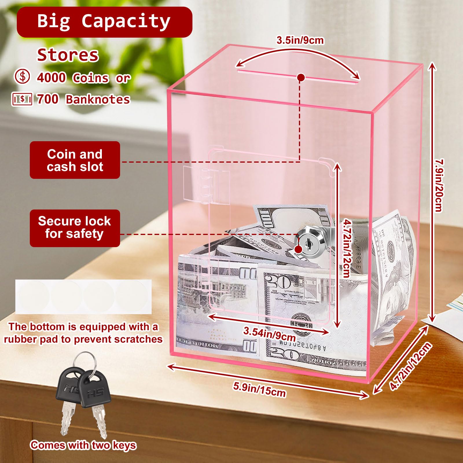 Hucha Transparente de Acrílico con Llave, 15x12x20cm, Caja de Donaciones con Cerradura, Contenedor para Monedas y Billetes