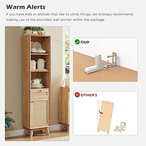 Miniatura 7 de OKD Gabinete de lino de ratán natural, 68 pulgadas de alto, moderno y bohemio con estantes ajustables y cajón de almacenamiento para baño, comedor,