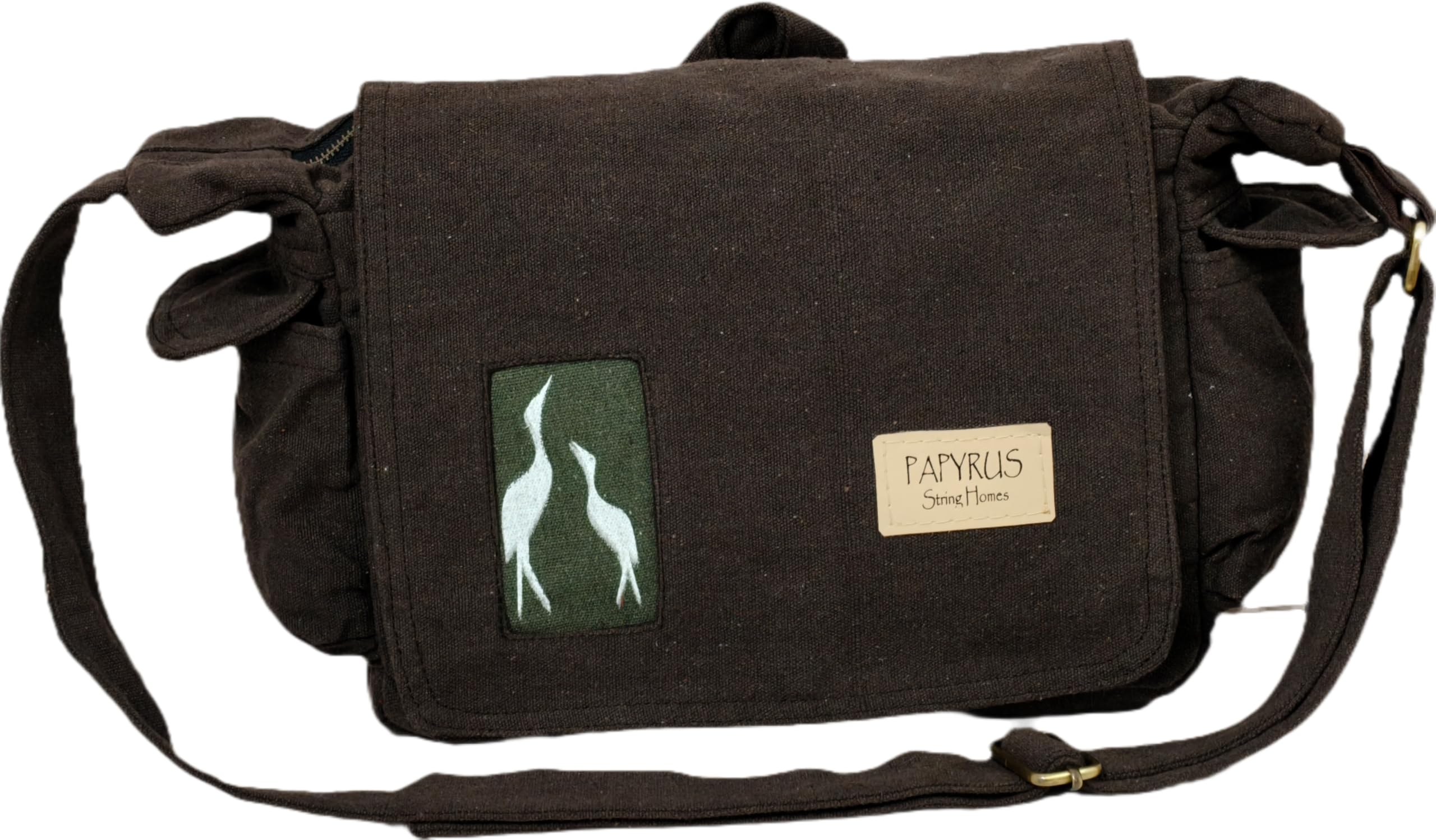 Medium Canvas Sling Bag, patch with Crane Design, Adjustable Strap, Antique Hardware,28x20x10(6L)/Sustainable-image-34