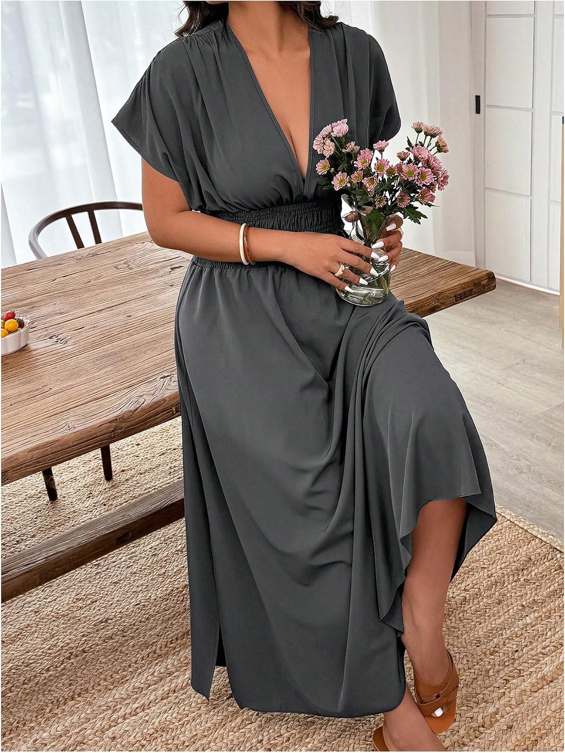 SOLY HUX Women's Plus Size Deep V Neck Maxi Dress Short Sleeve Split Hem Flowy Summer Dresses