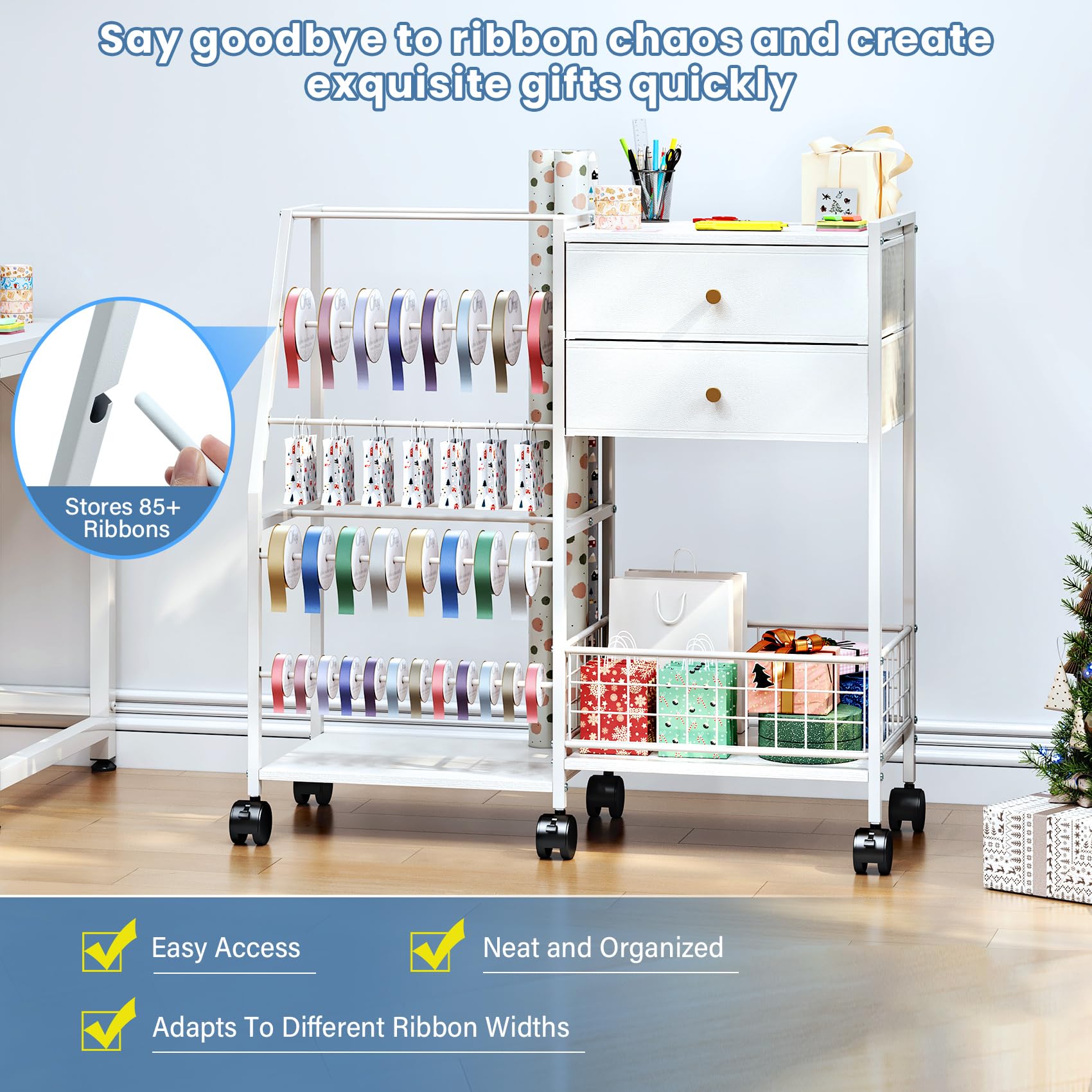 TC-HOMENY Geschenkpapier-Organizer mit Rädern, Blaudruck