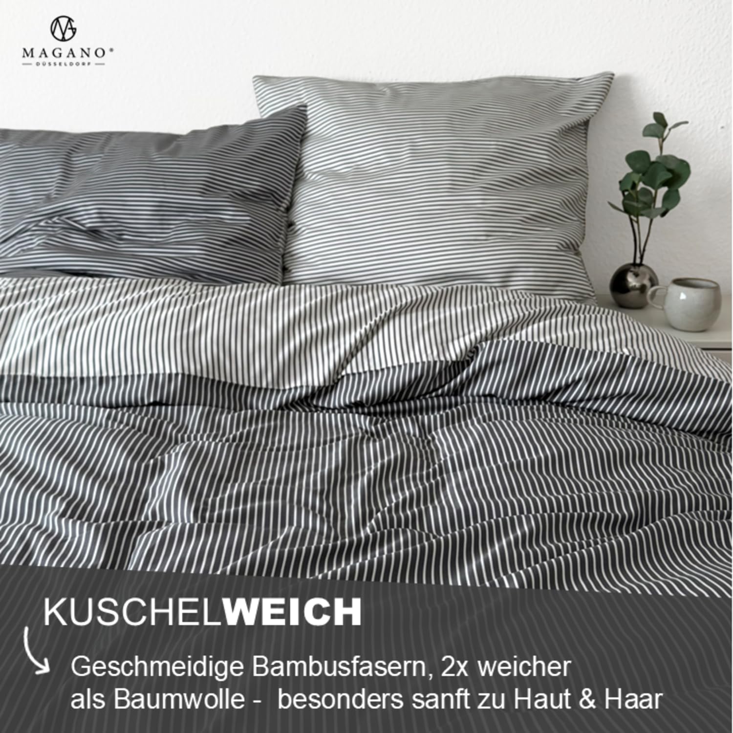 Magano® Luxus Bettwäsche Streifen | Bambus & Baumwolle (Grau, 135x200 cm + 40x80 cm)