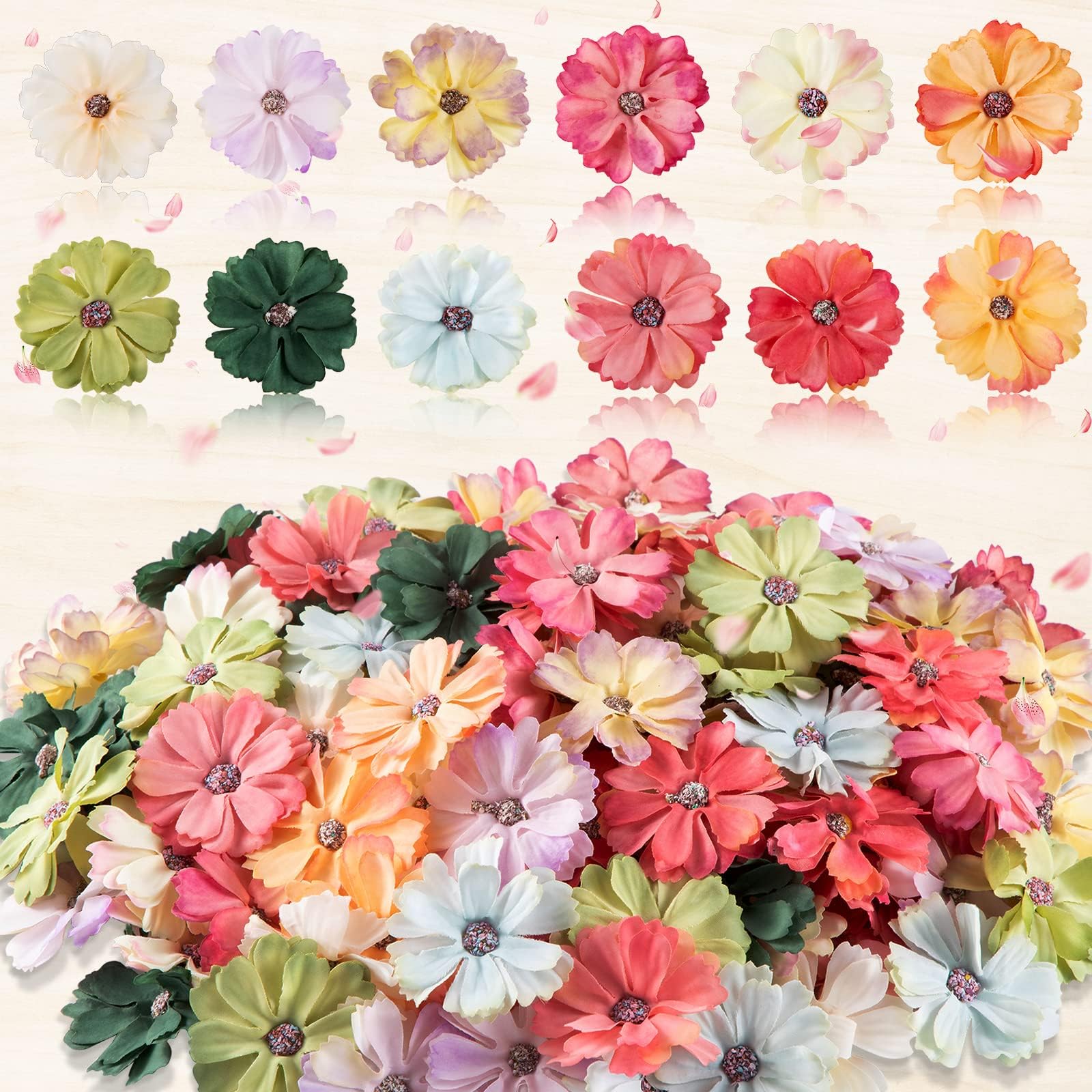 Xinnun 120 Pcs Faux Flowers Heads for Crafts Artificial Small Silk Daisy Flowers Embellishments 1.5 Inch Mini Assorted Faux Daisy Bulk DIY Wreath for DIY Holiday Wedding Party Home Garden