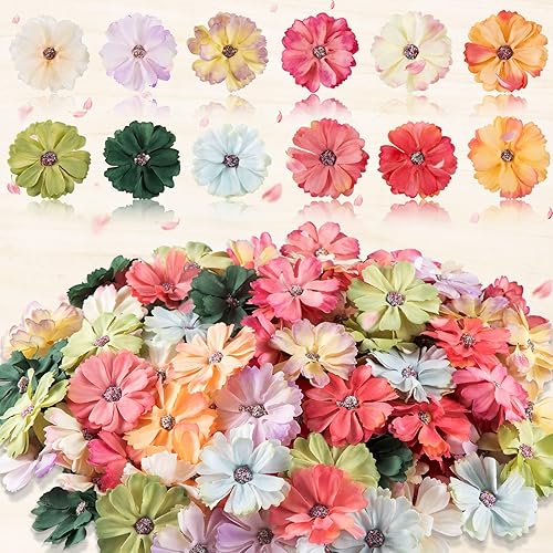 Xinnun 120 Pcs Faux Flowers Heads for Crafts Artificial Small Silk Daisy Flowers Embellishments 1.5 Inch Mini Assorted Faux Daisy Bulk DIY Wreath